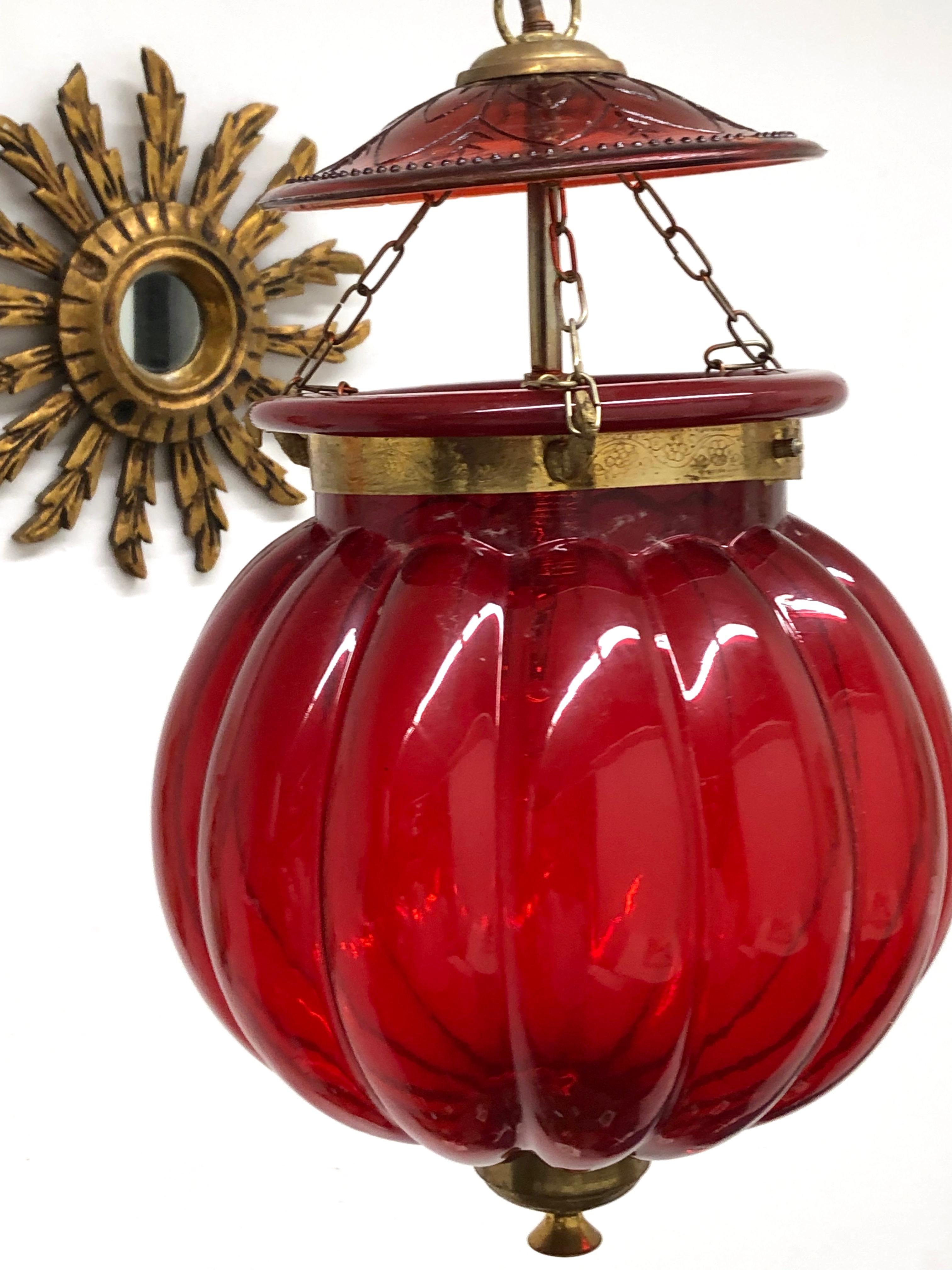 Oriental Style Red Glass and Brass Hall Lantern Pendant, German 1960s For Sale 1