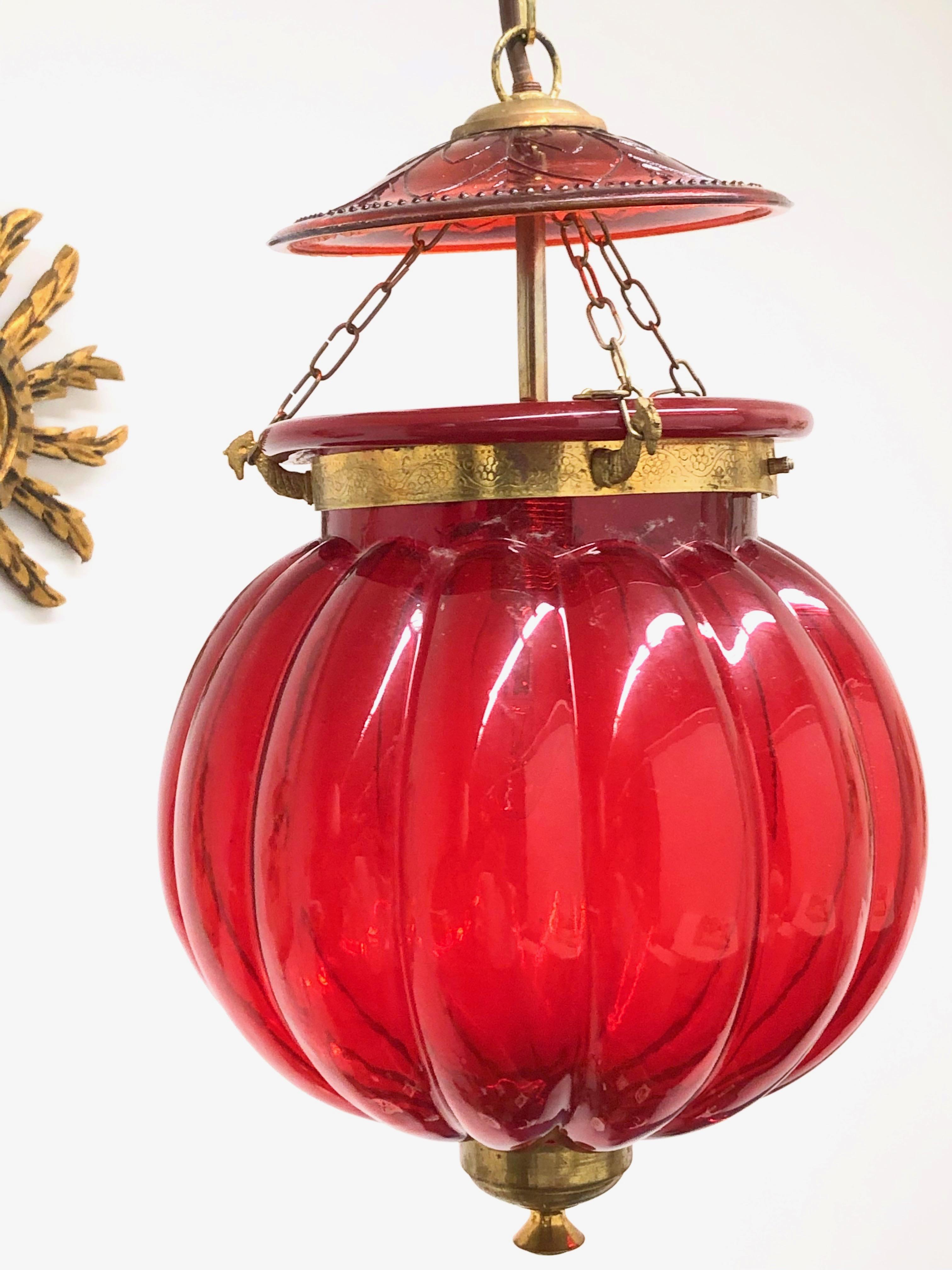Oriental Style Red Glass and Brass Hall Lantern Pendant, German 1960s For Sale 2