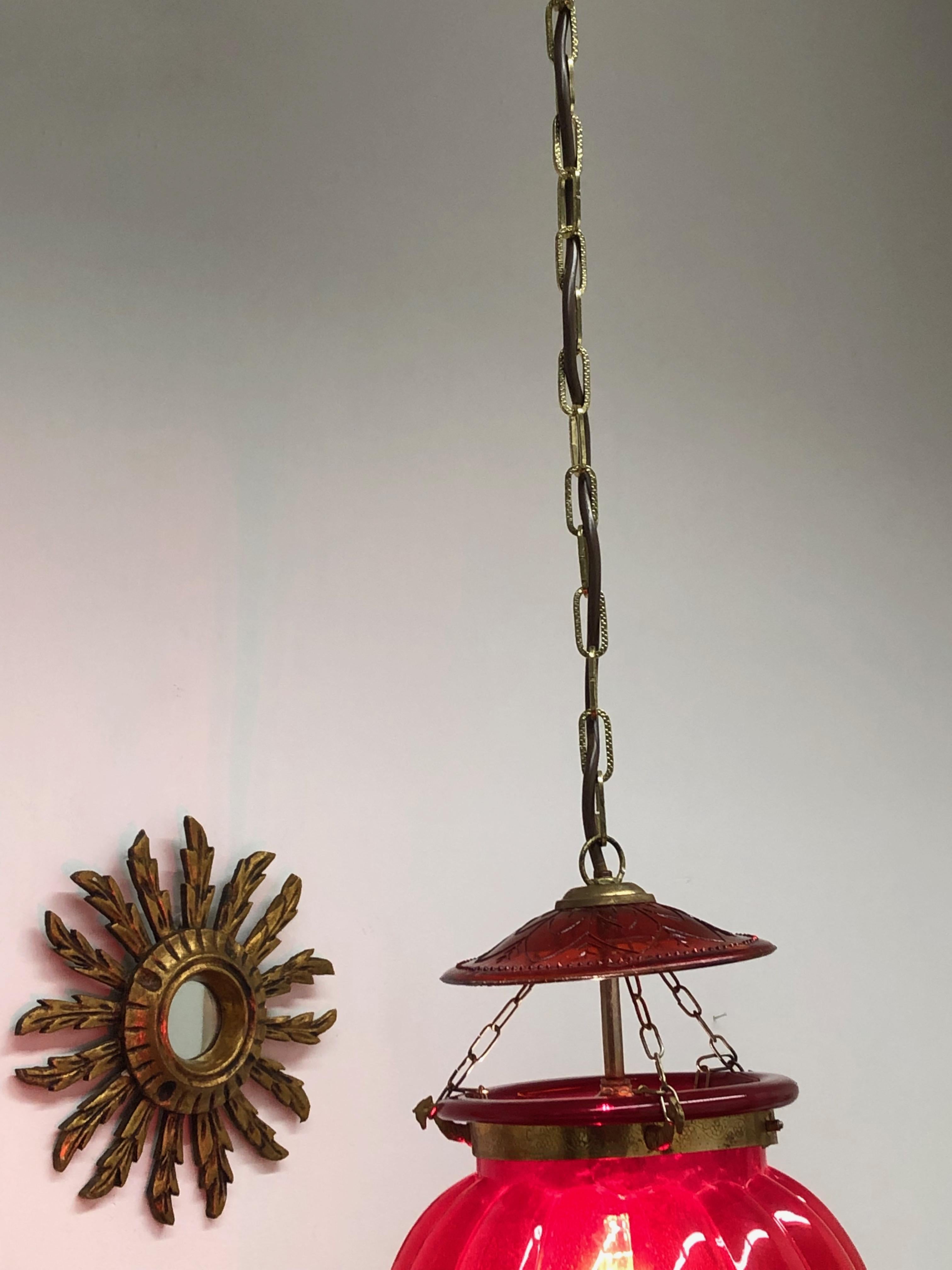 Hollywood Regency Oriental Style Red Glass and Brass Hall Lantern Pendant, German 1960s For Sale