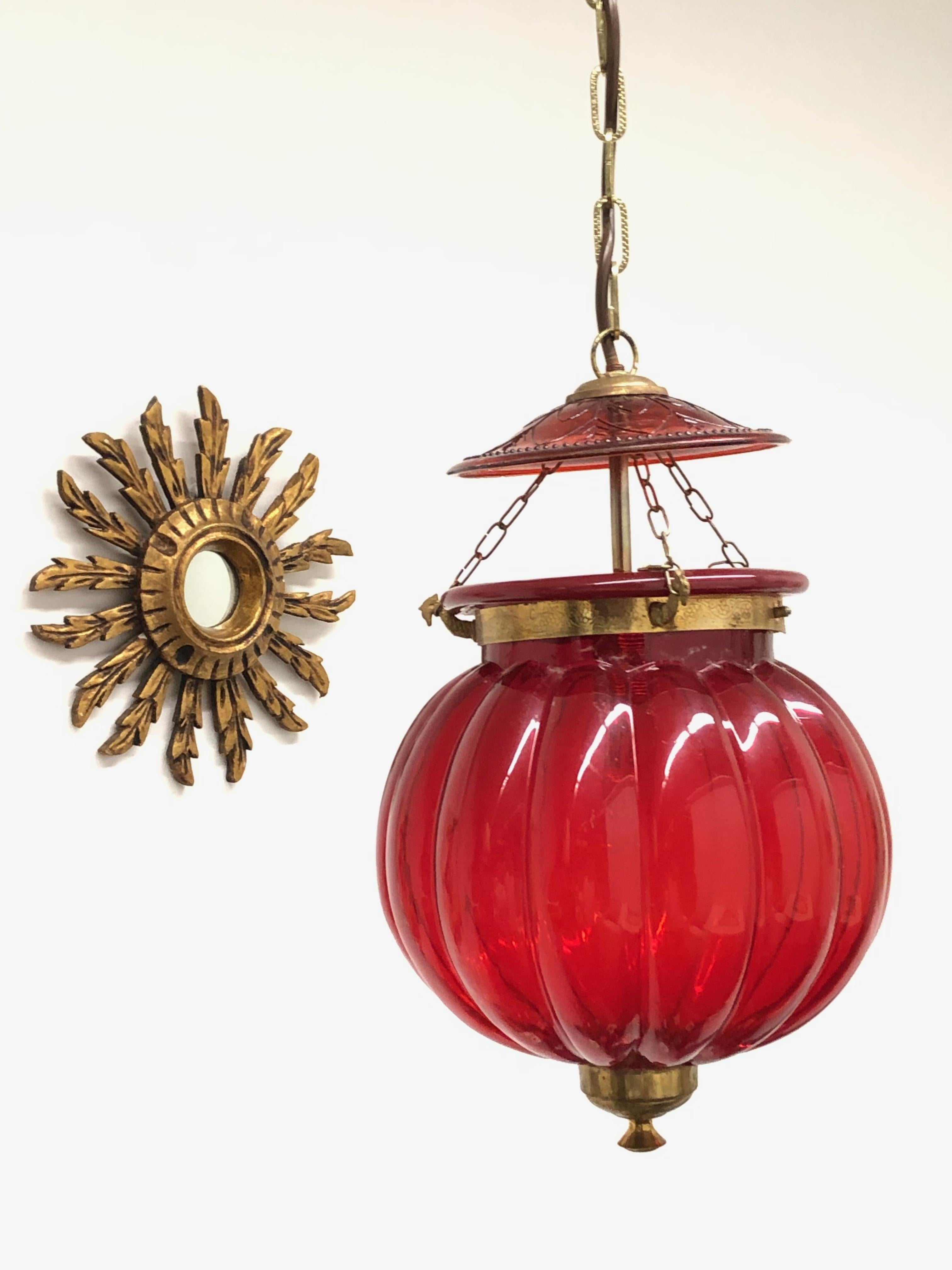Mid-20th Century Oriental Style Red Glass and Brass Hall Lantern Pendant, German 1960s For Sale