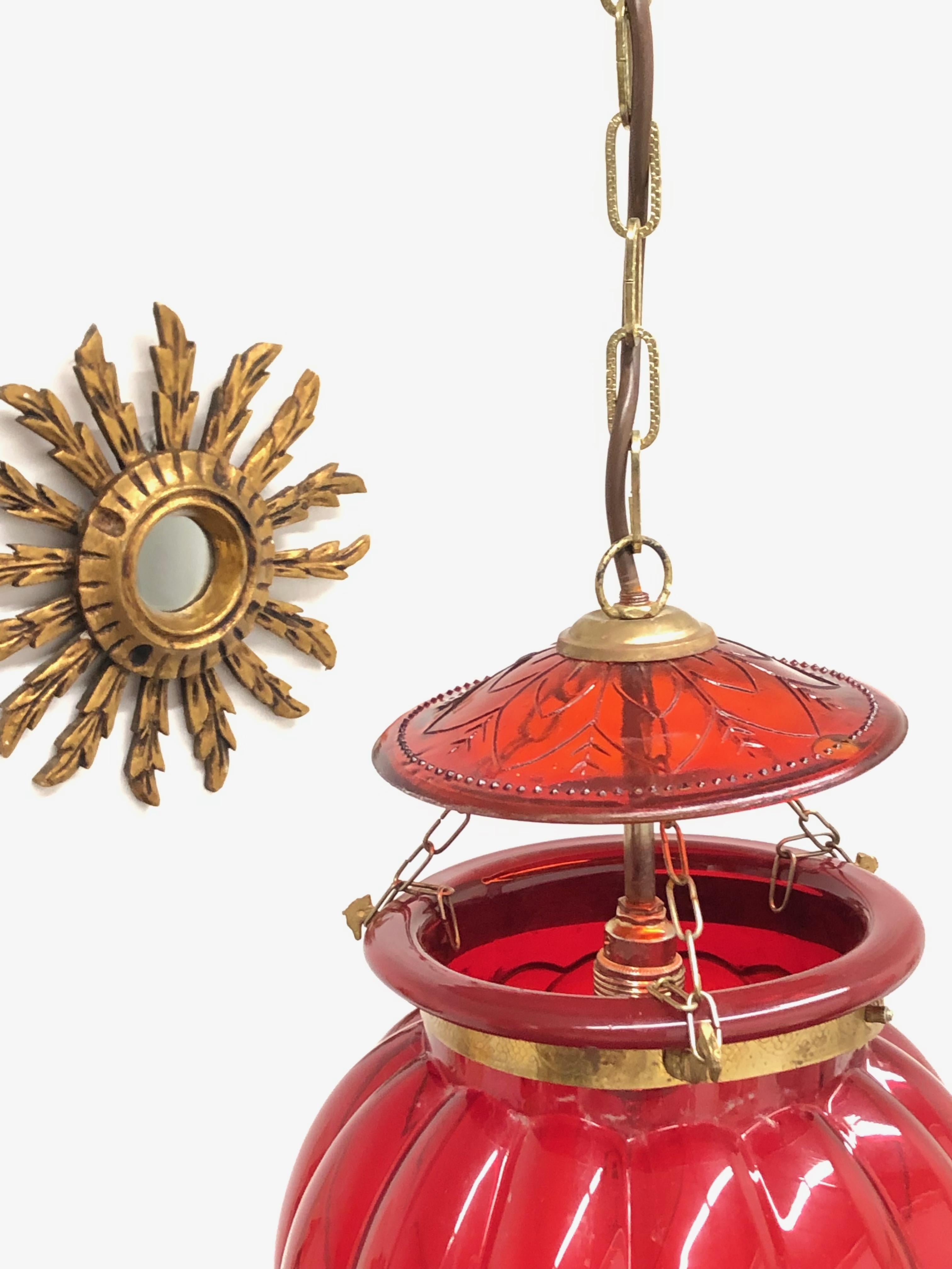 Metal Oriental Style Red Glass and Brass Hall Lantern Pendant, German 1960s For Sale