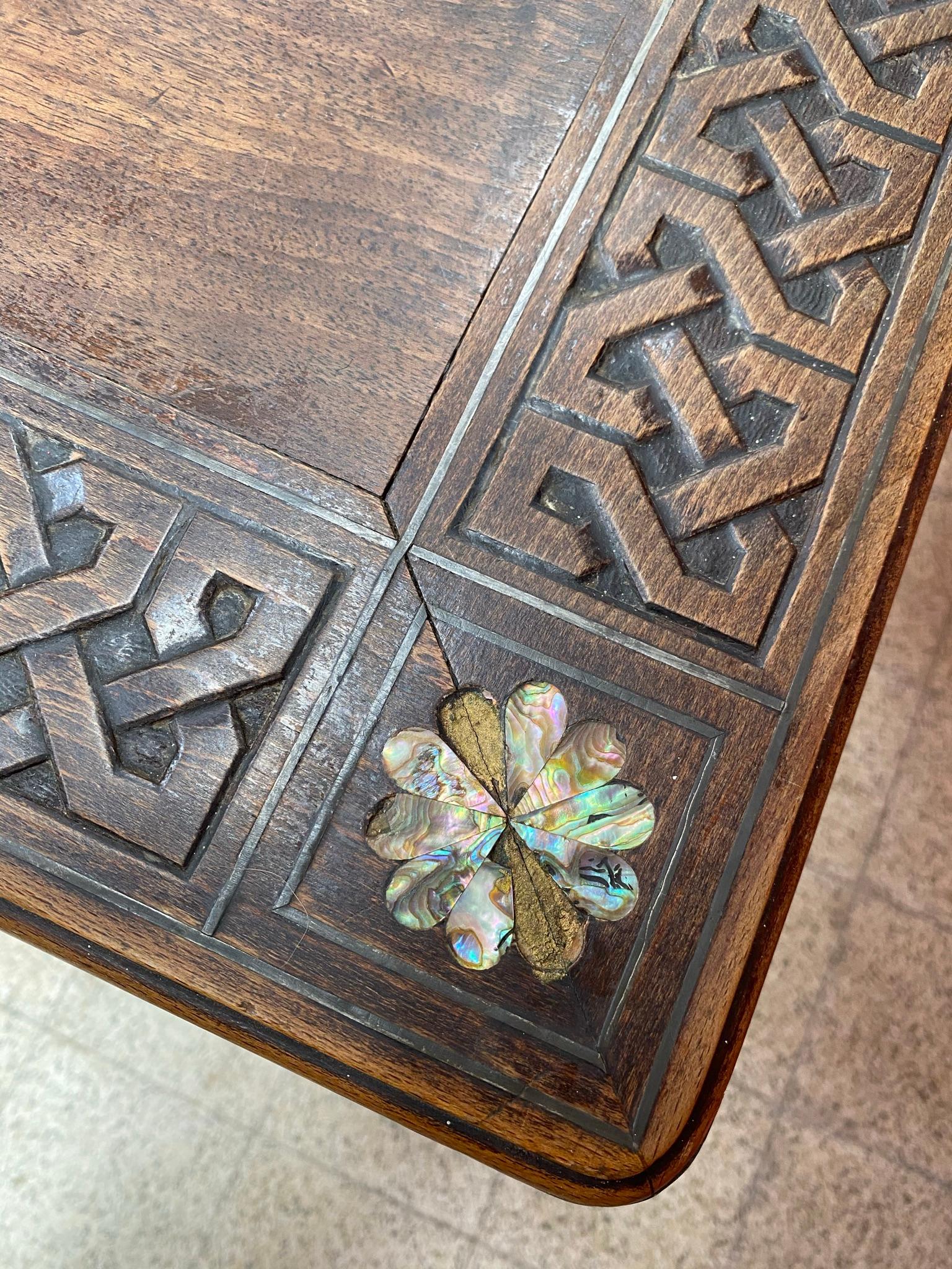 Oriental-Style Table in Carved Wood, with Mother-of-Pearl Inlay, 1880 For Sale 4