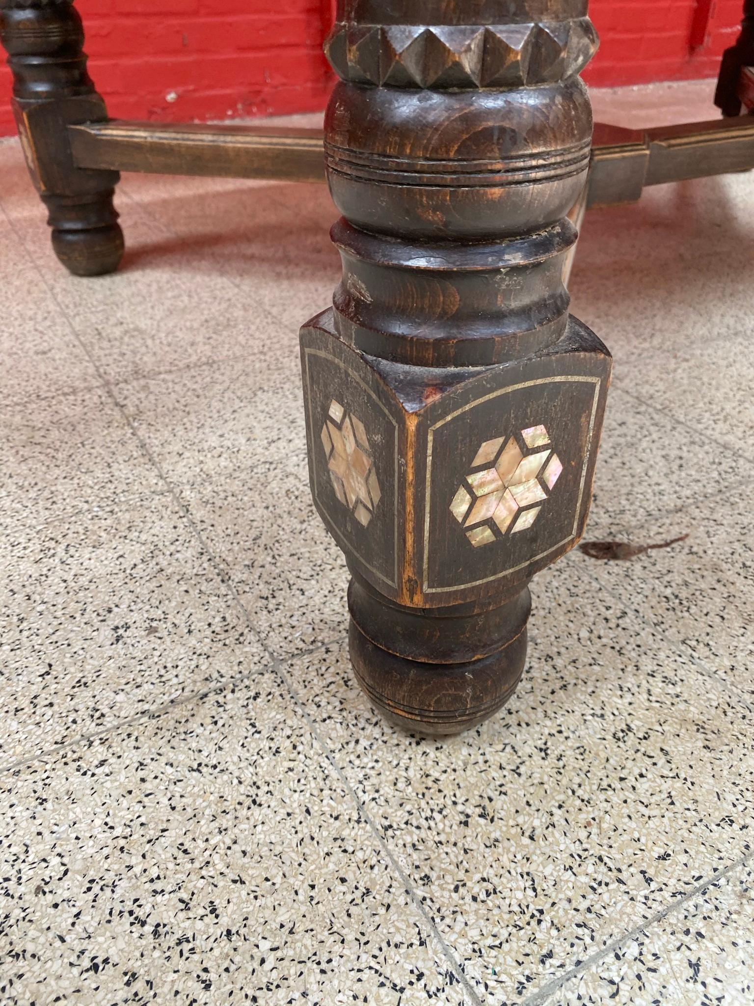 Islamic Oriental-Style Table in Carved Wood, with Mother-of-Pearl Inlay, 1880 For Sale