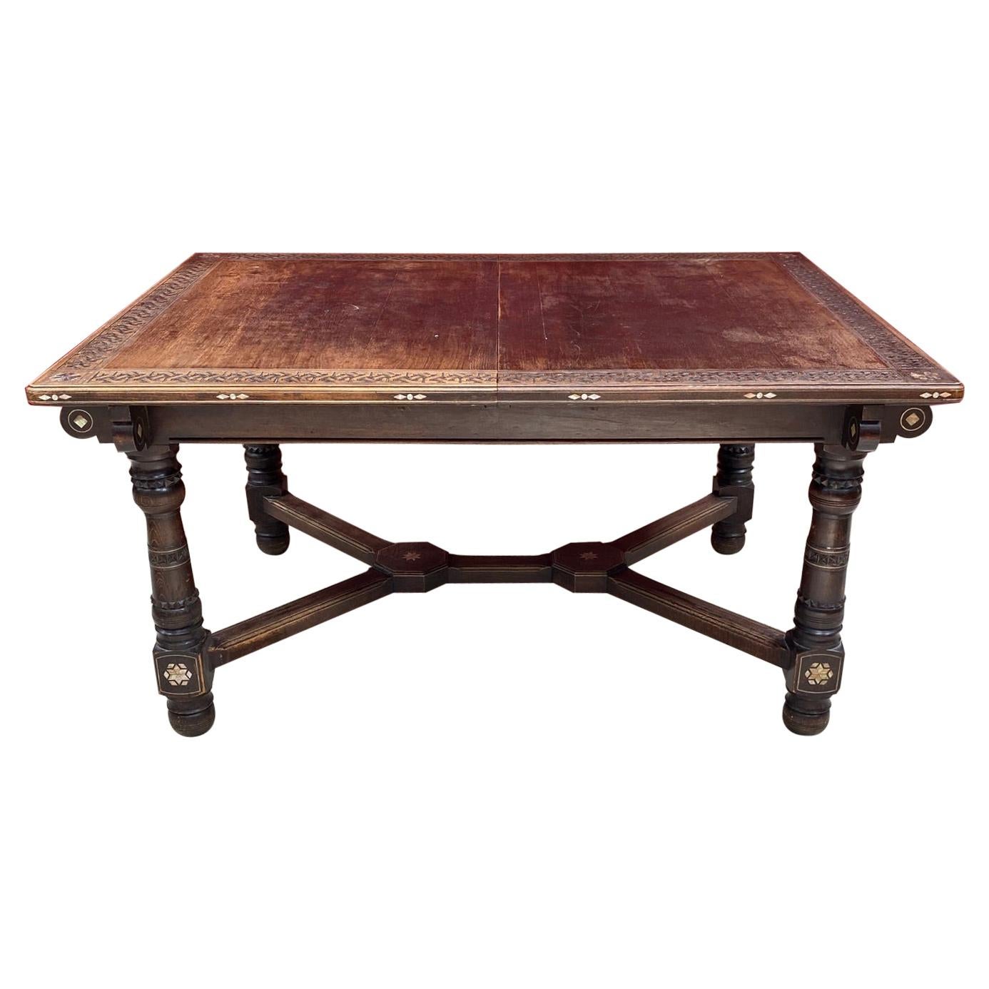 Oriental-Style Table in Carved Wood, with Mother-of-Pearl Inlay, 1880 For Sale