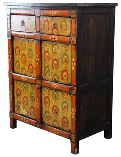 Oriental Tibetan Hand Painted Red Elmwood Storage Chest Dresser Cabinet