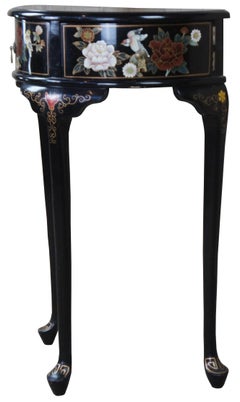 Oriental Vintage Black Lacquered Demilune Console Hall Table Half Moon Cabinet