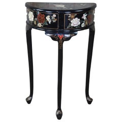 Oriental Vintage Black Lacquered Demilune Console Hall Table Half Moon Cabinet
