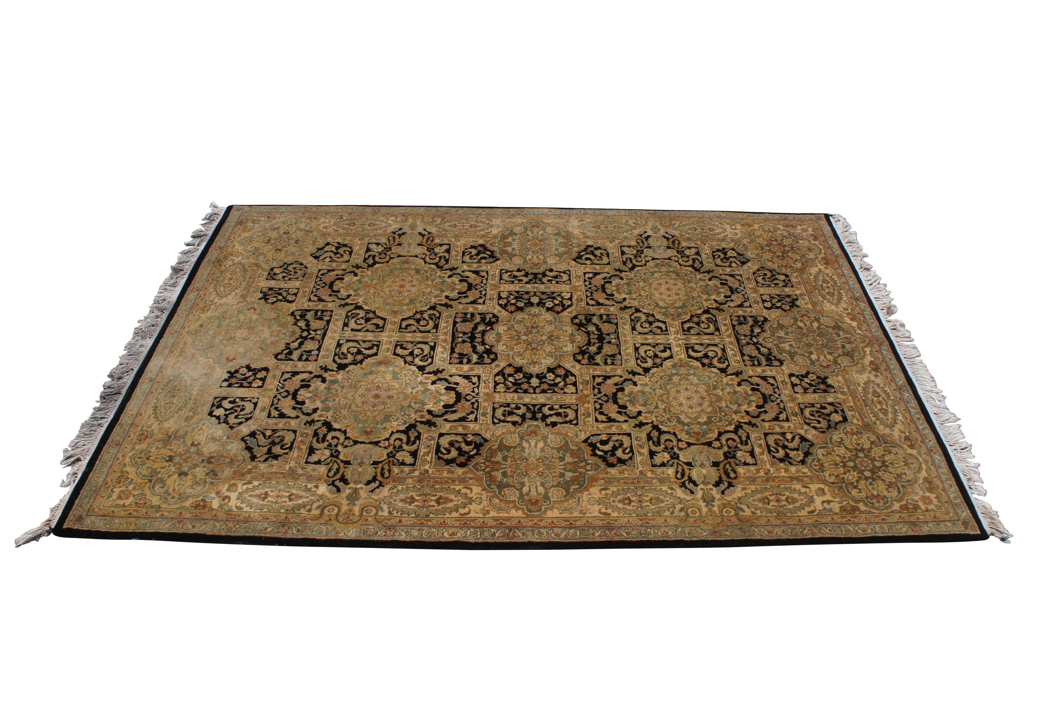 Genuine Oriental area rug, made in India.  Hand knotted in Jaipur.  Features a floral geometric deisgn in beige and black with some green and red/orange accents.  This intricate design is reminiscent of the ceiling of a Palace / Mahal.    144kpsi 