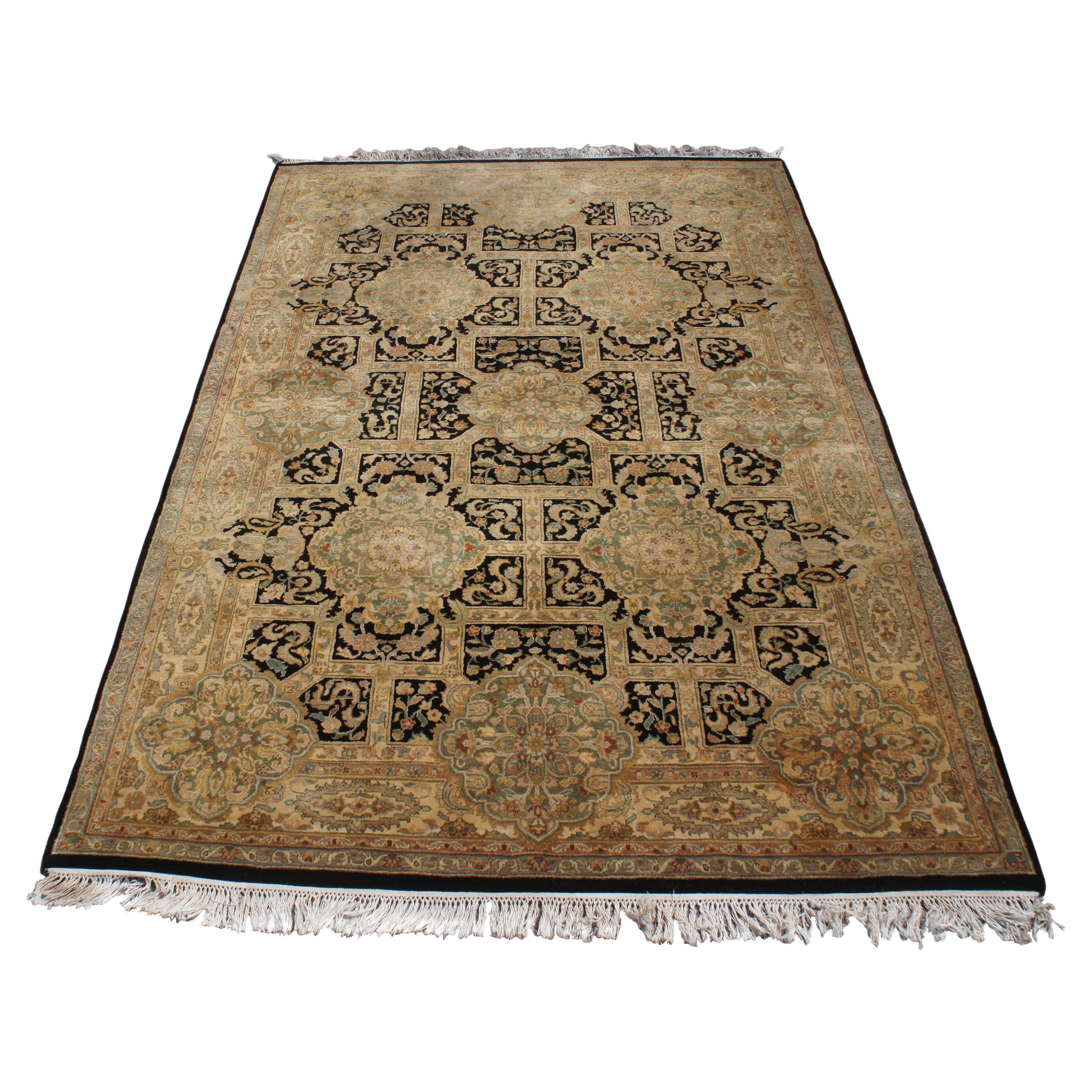 Oriental Vintage Hand Knotted Jaipur Floral Carpet Beige Wool Area Rug 6' x 9' For Sale