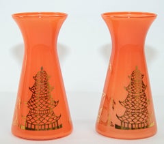 Oriental Vintage Orange Glass Vases with Gold Asian Pagodas Gay Fad Design