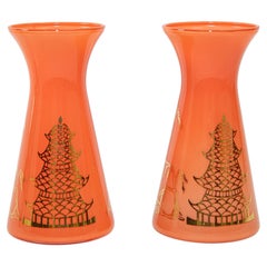 Oriental Vintage Orange Glass Vases with Gold Asian Pagodas Gay Fad Design