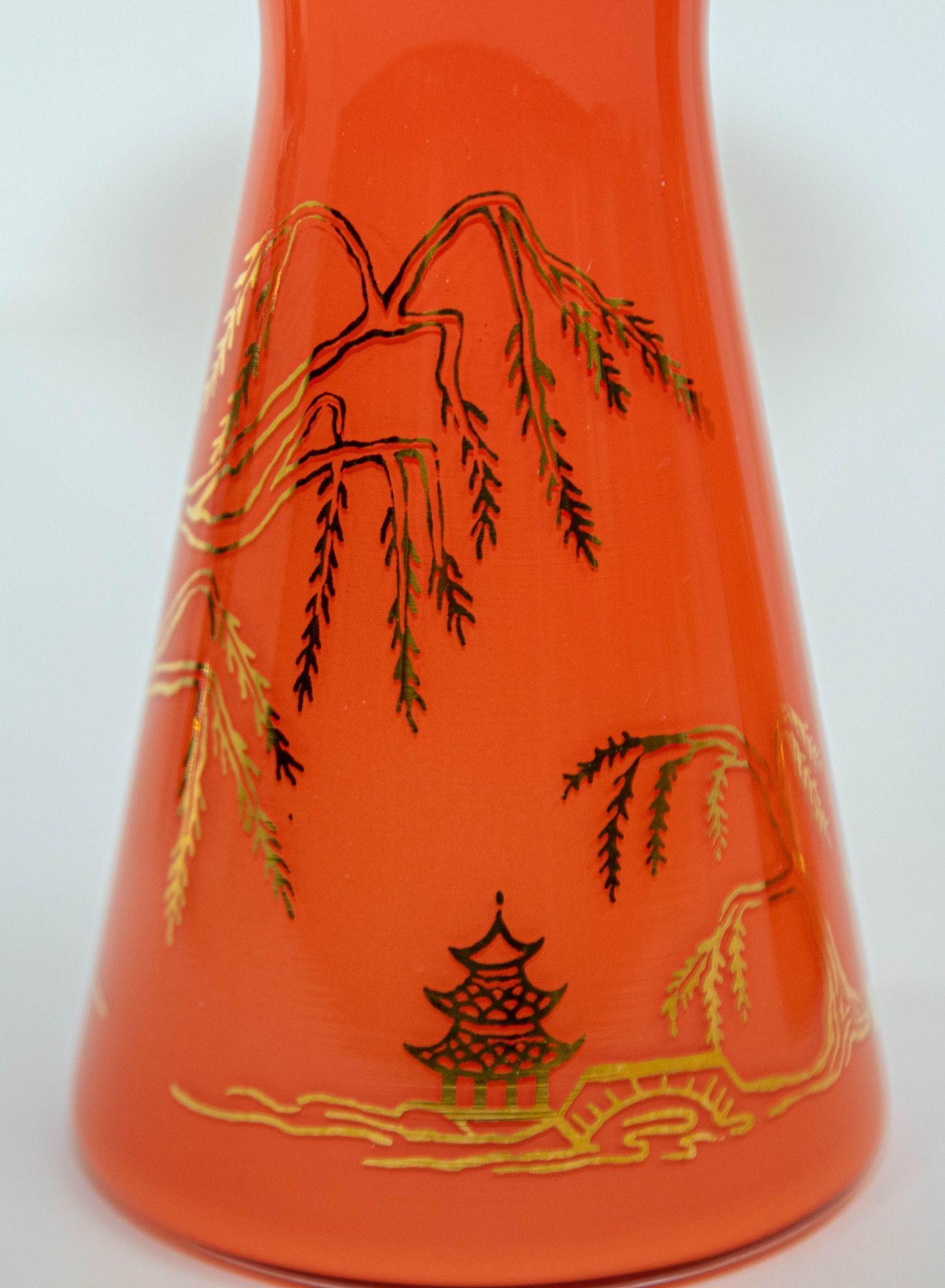 American Oriental Vintage Orange Glass Vases with Gold Asian Pagodas Gay Fad Design For Sale