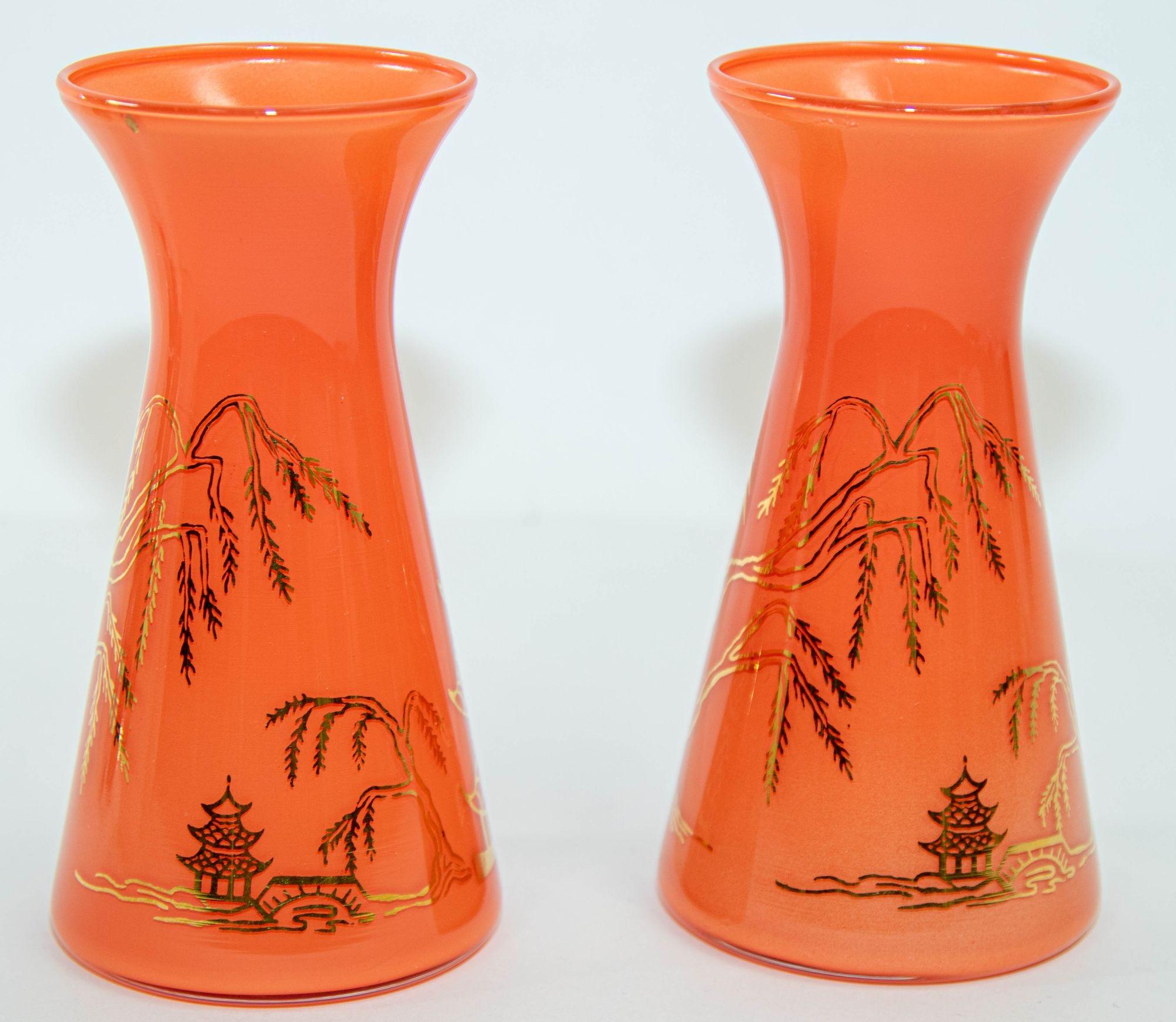 Hand-Painted Oriental Vintage Orange Glass Vases with Gold Asian Pagodas Gay Fad Design For Sale