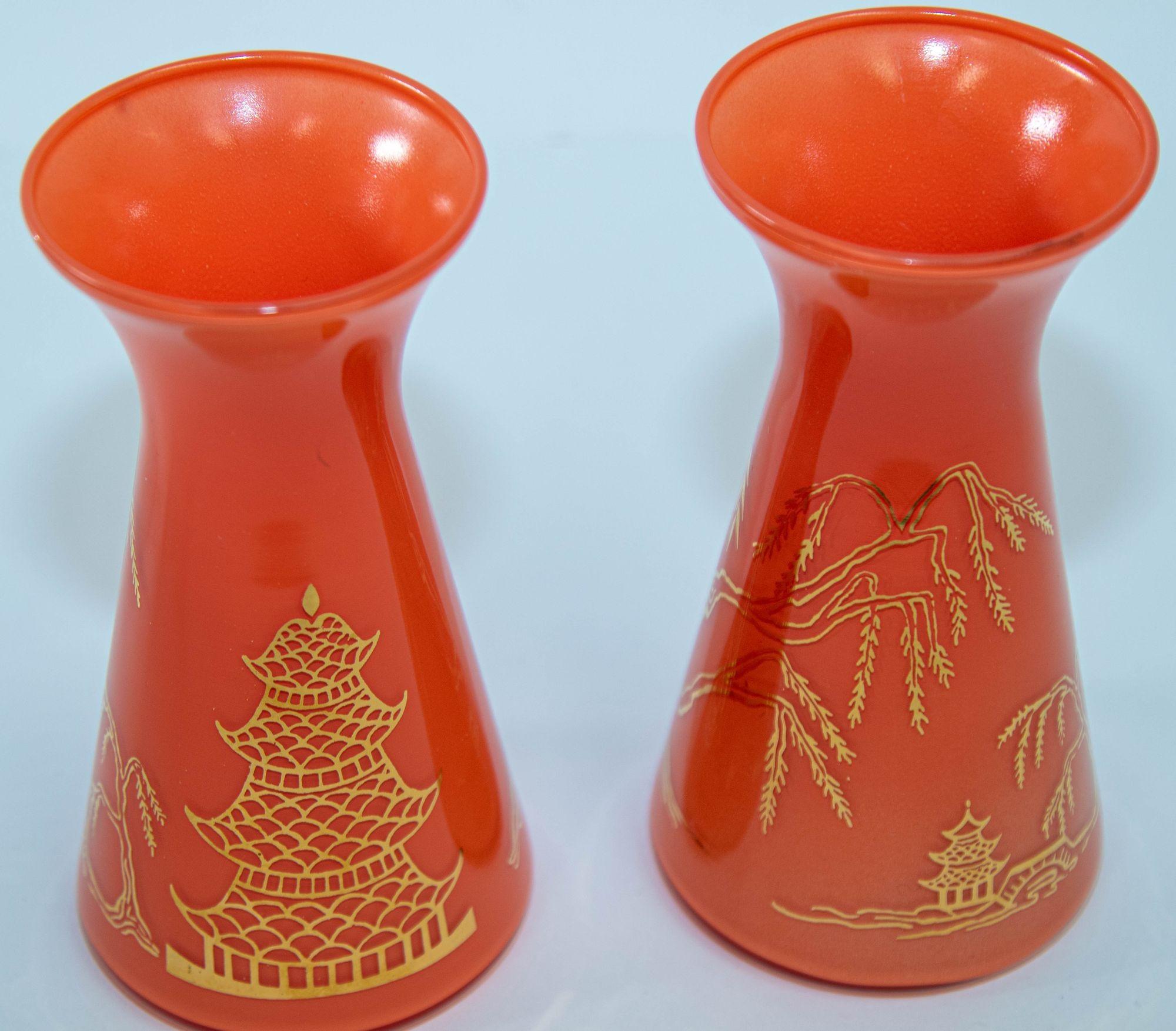 20th Century Oriental Vintage Orange Glass Vases with Gold Asian Pagodas Gay Fad Design For Sale