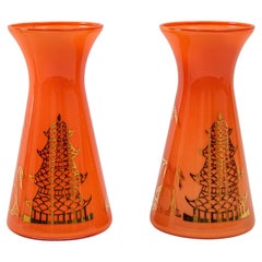 Oriental Vintage Orange Glass Vases with Gold Asian Pagodas Gay Fad Design