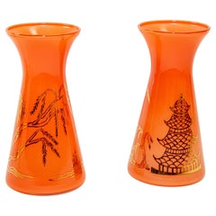 Oriental Vintage Orange Glass Vases with Gold Asian Pagodas Gay Fad Design