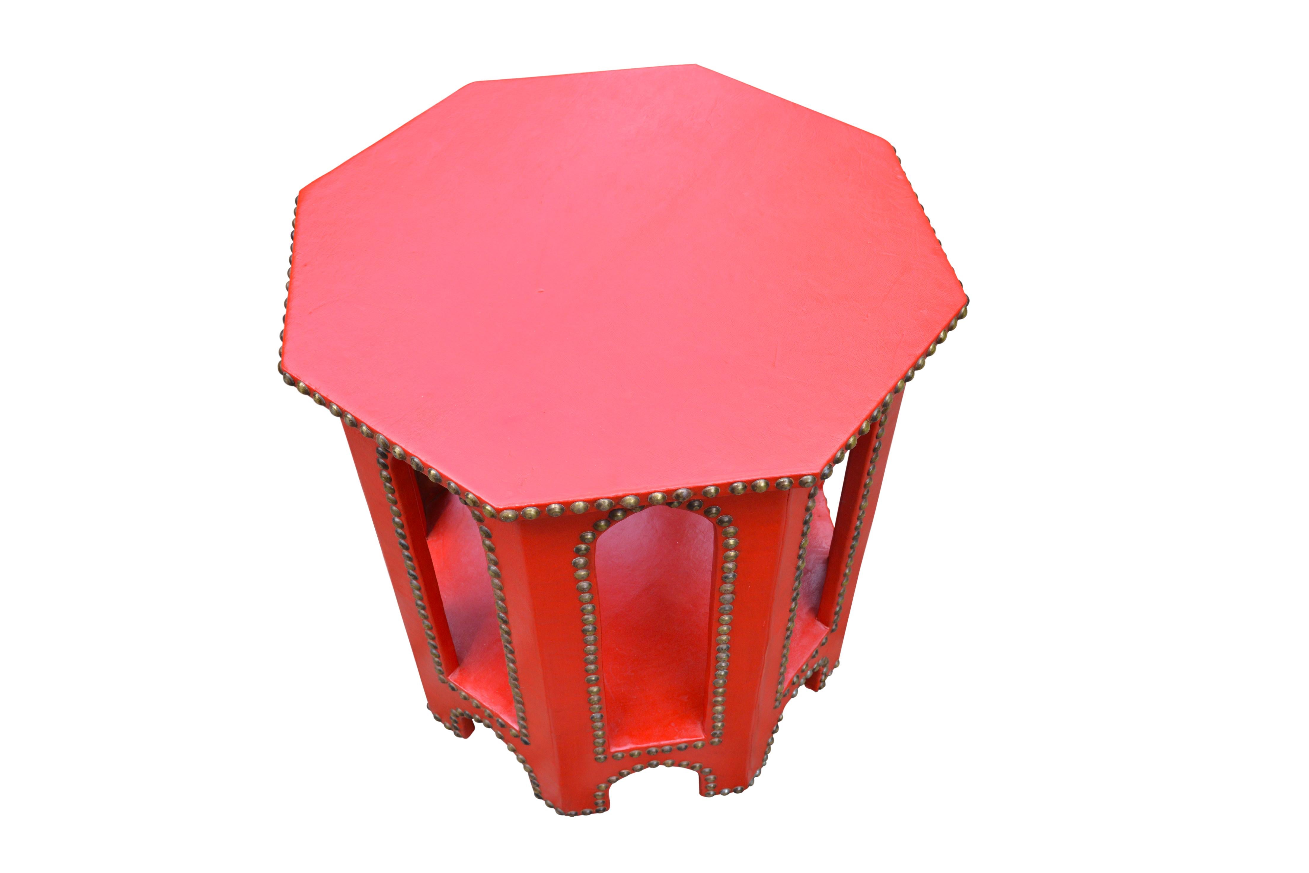 Moroccan Oriental Vintage Red Leather Tea Table