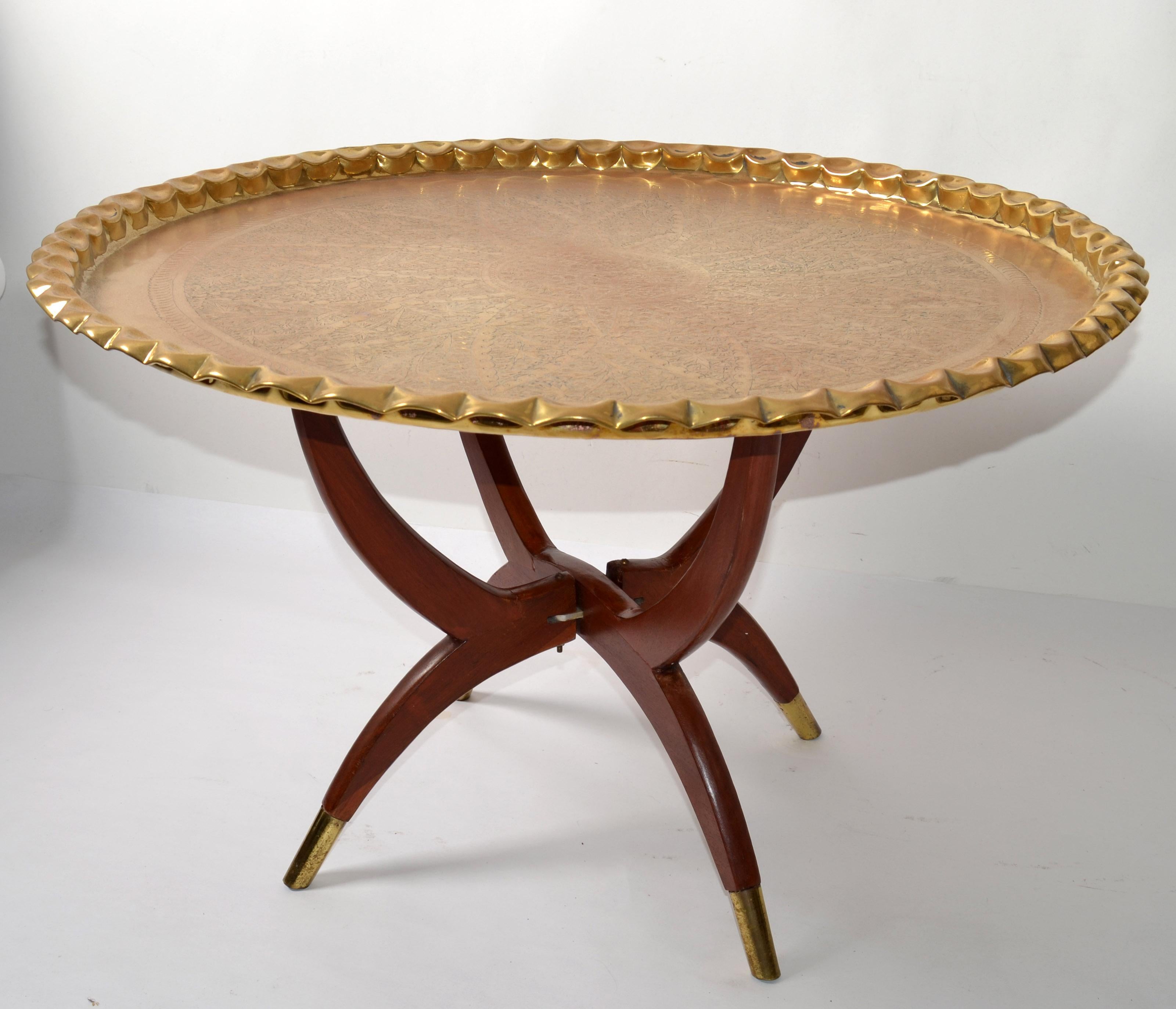 Islamic Oriental Vintage Round Walnut Spider Leg and Bronze Moroccan Tray Coffee Table For Sale