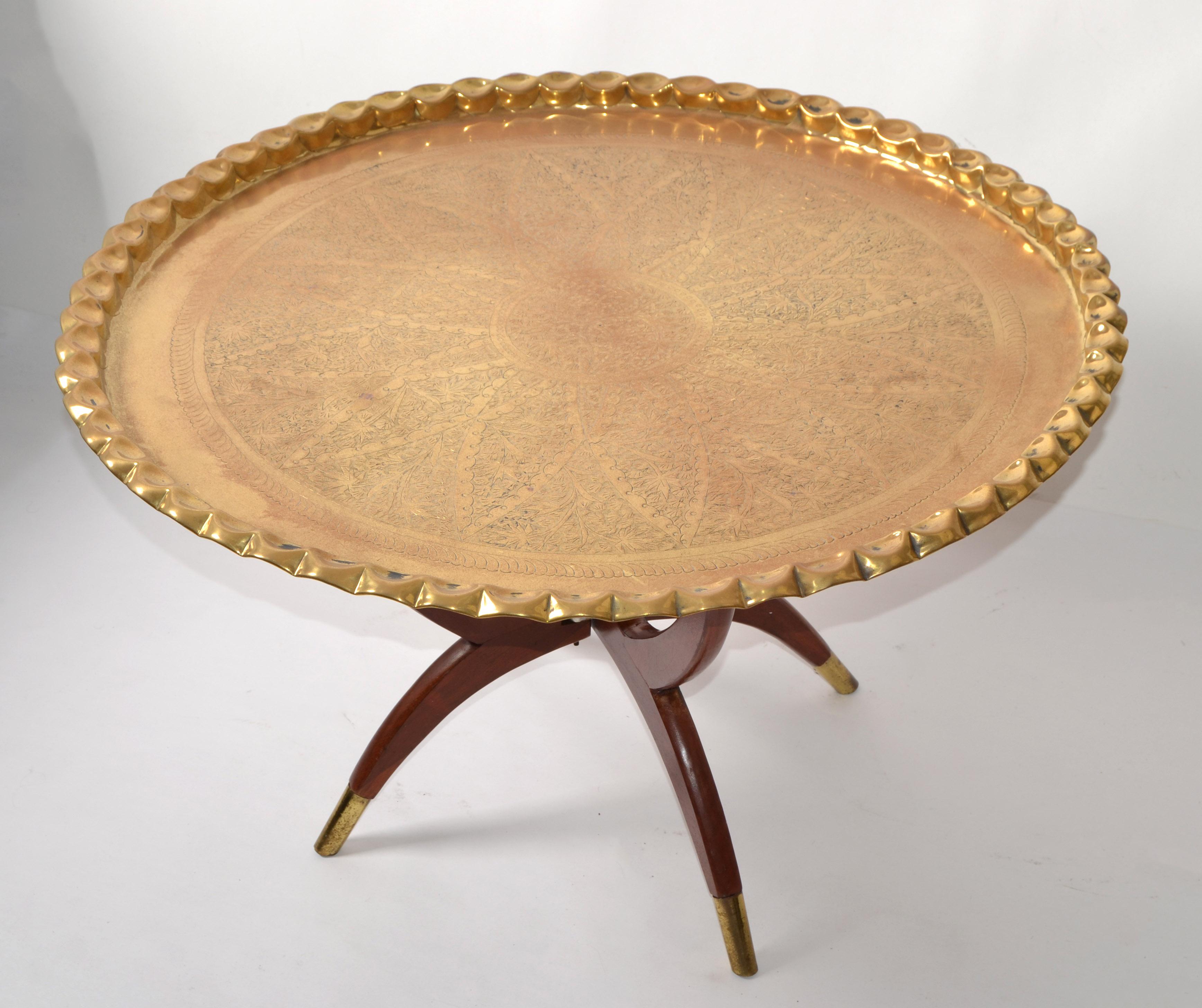 Danish Oriental Vintage Round Walnut Spider Leg and Bronze Moroccan Tray Coffee Table For Sale