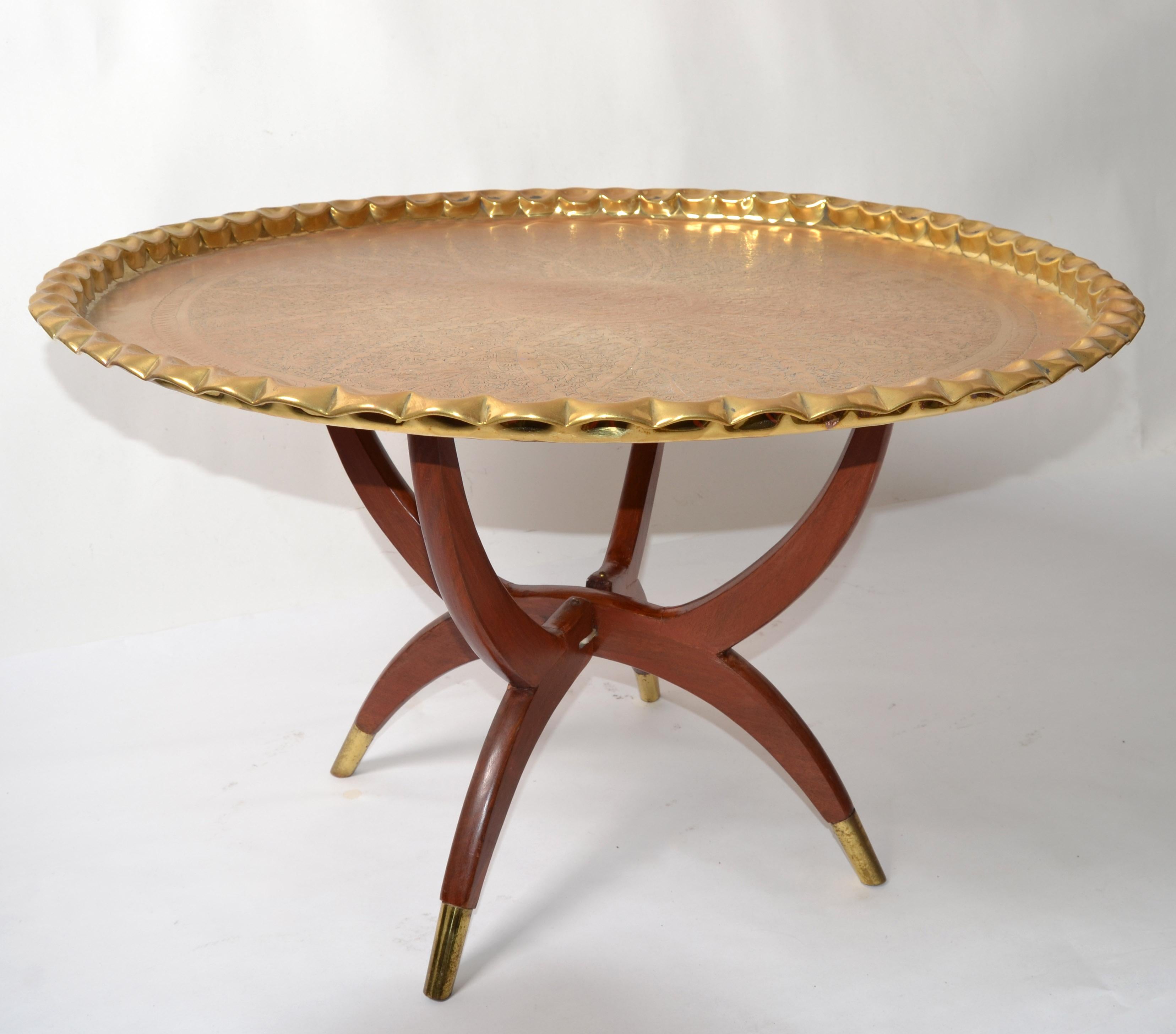 Hand-Crafted Oriental Vintage Round Walnut Spider Leg and Bronze Moroccan Tray Coffee Table For Sale