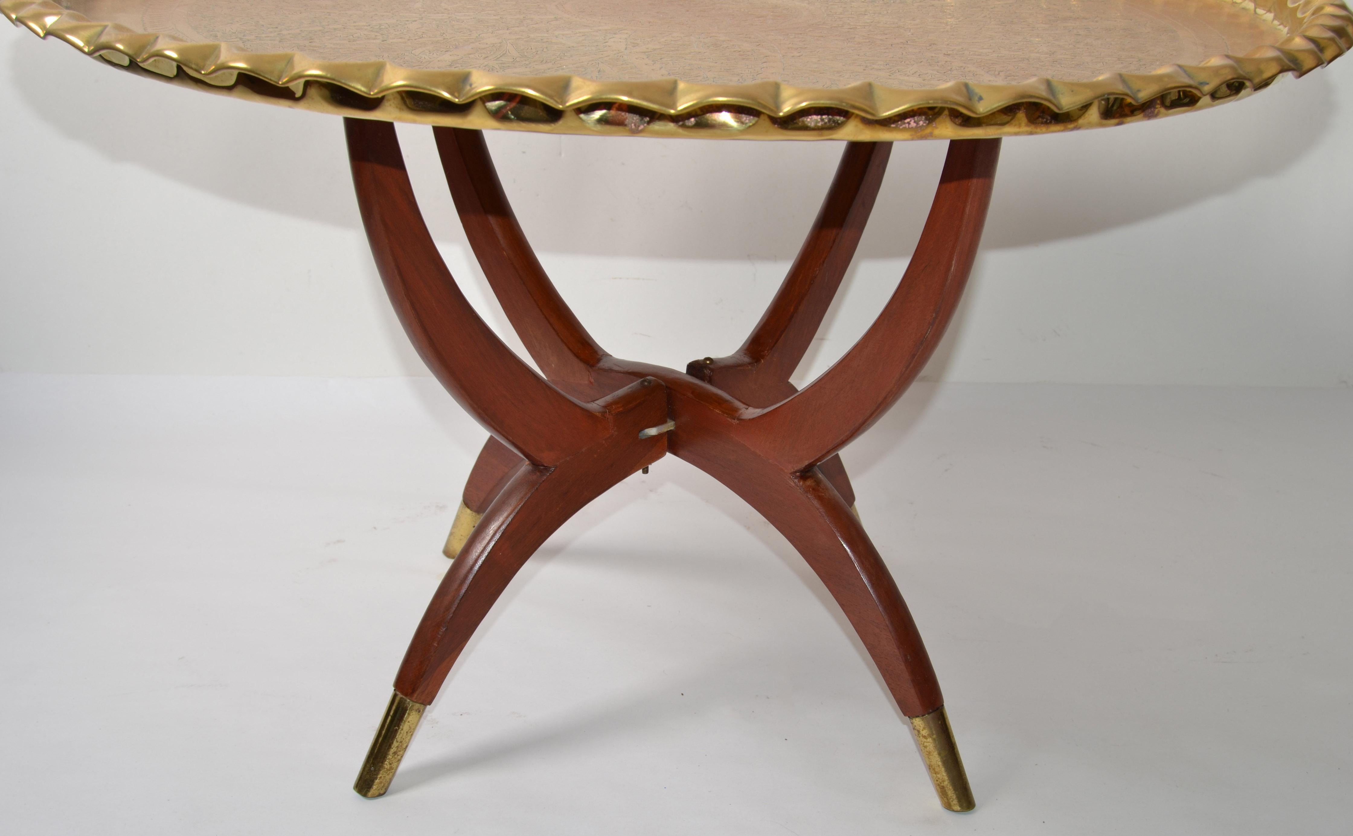 Brass Oriental Vintage Round Walnut Spider Leg and Bronze Moroccan Tray Coffee Table For Sale
