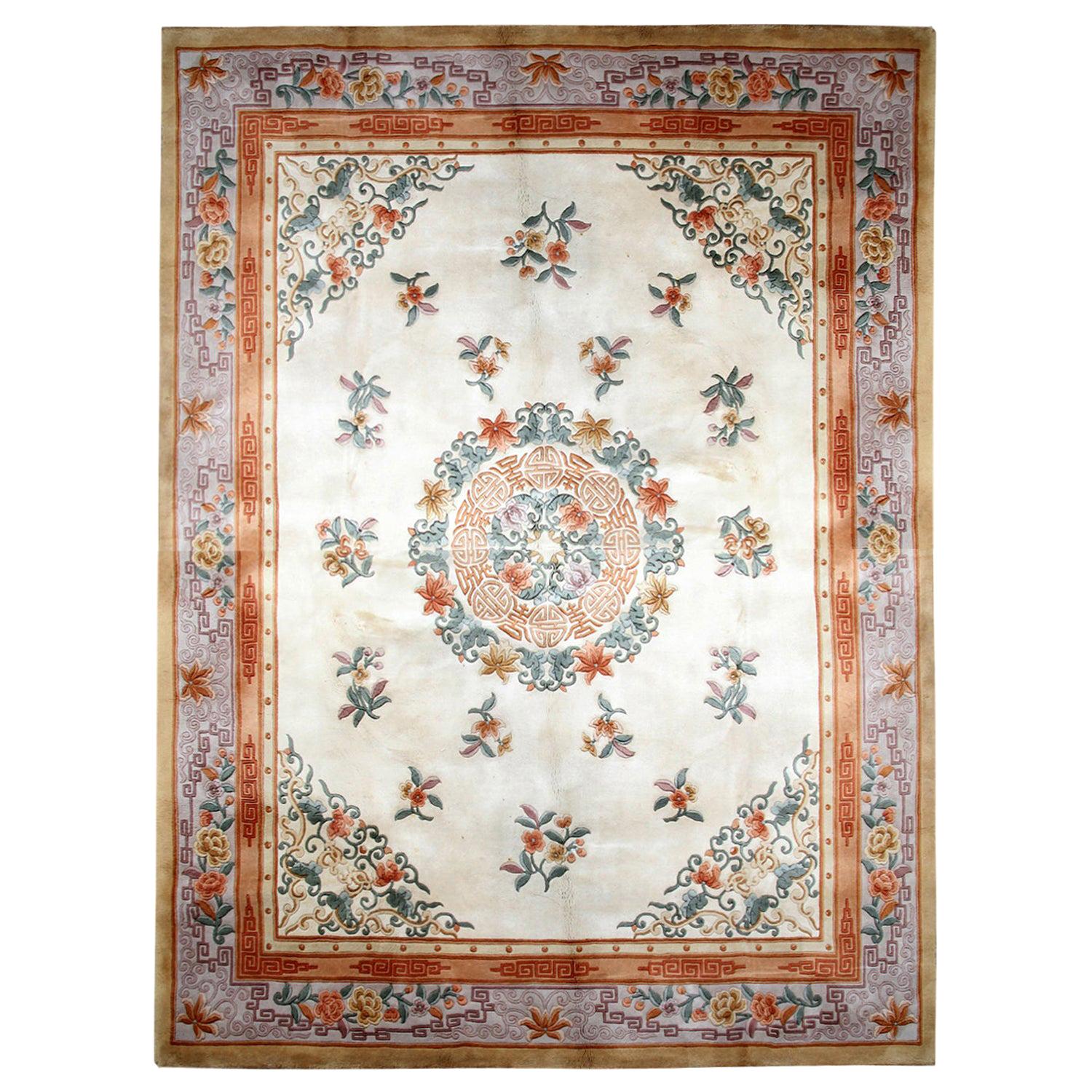 Oriental Vintage Rug Art Deco Style Chinese Rugs, Cream Handmade Carpet Rugs For Sale