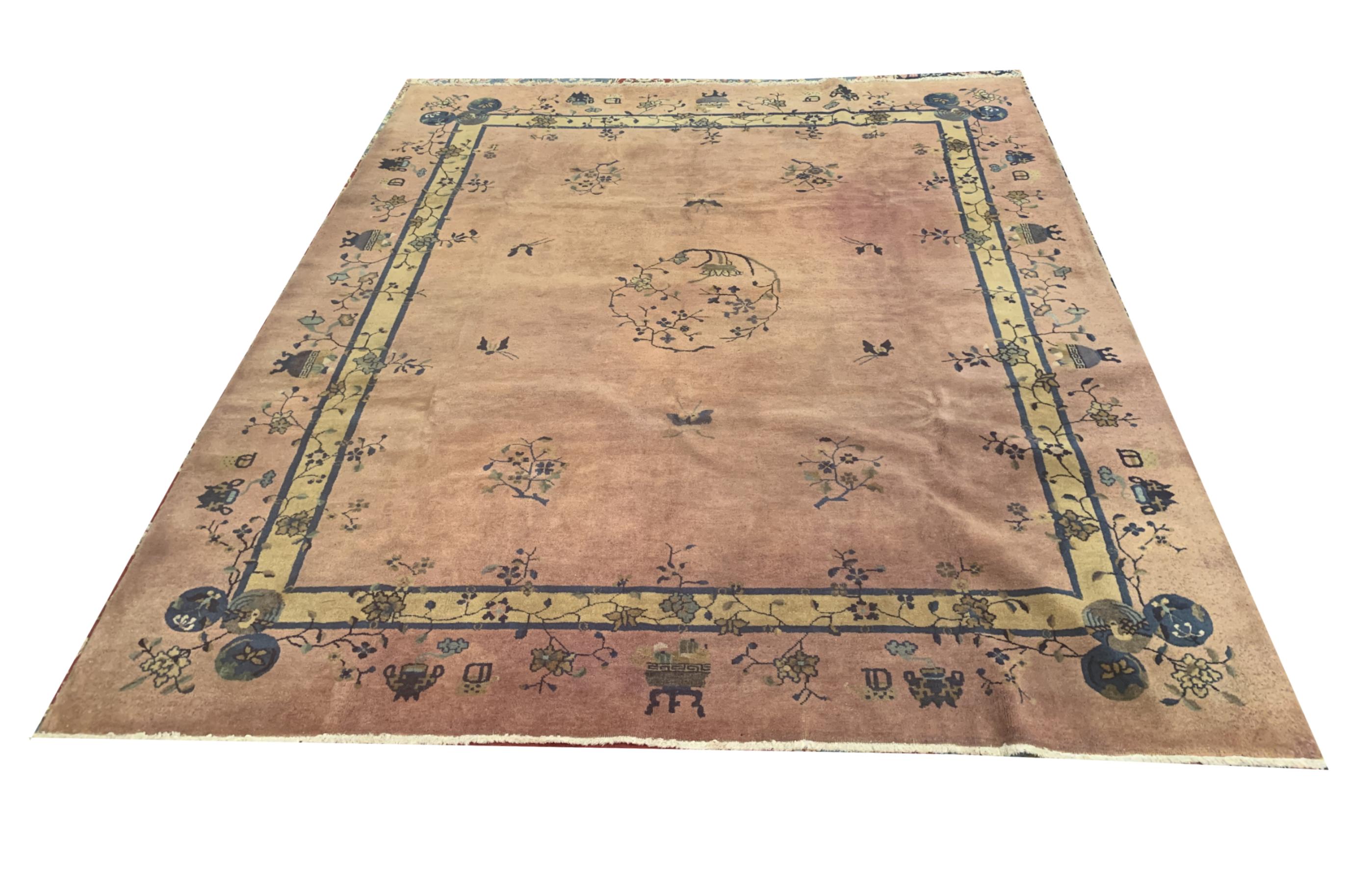 This wool rug is one of the unusual rugs of the 1900 s which are Art Deco rugs in excellent condition with a rust background colour contrasting the stylish yellow border and the motives. This patterned rug is a combination of a floral rug.
This