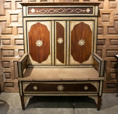 Oriental Wooden Bench with High Backrest and Inlays