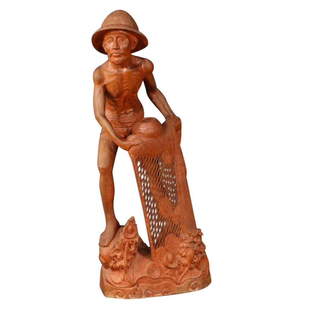 Oriental Wooden Sculpture Depicting Fisherman, 20th Century For Sale