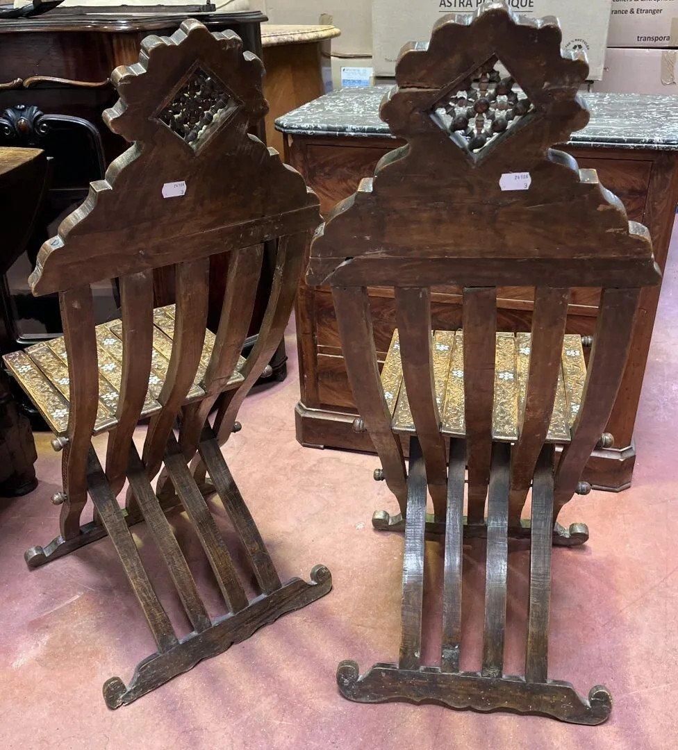 Moorish Oriental Work. 2 chairs In Carved Wood, Bone And Mother-of-pearl Inlay  1880 For Sale