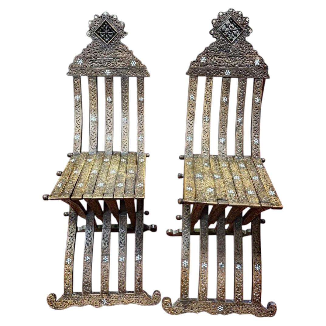 Oriental Work. 2 chairs In Carved Wood, Bone And Mother-of-pearl Inlay  1880