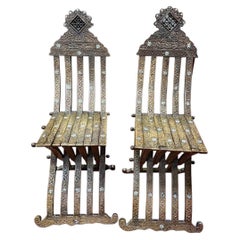 Oriental Work. 2 chairs In Carved Wood, Bone And Mother-of-pearl Inlay  1880