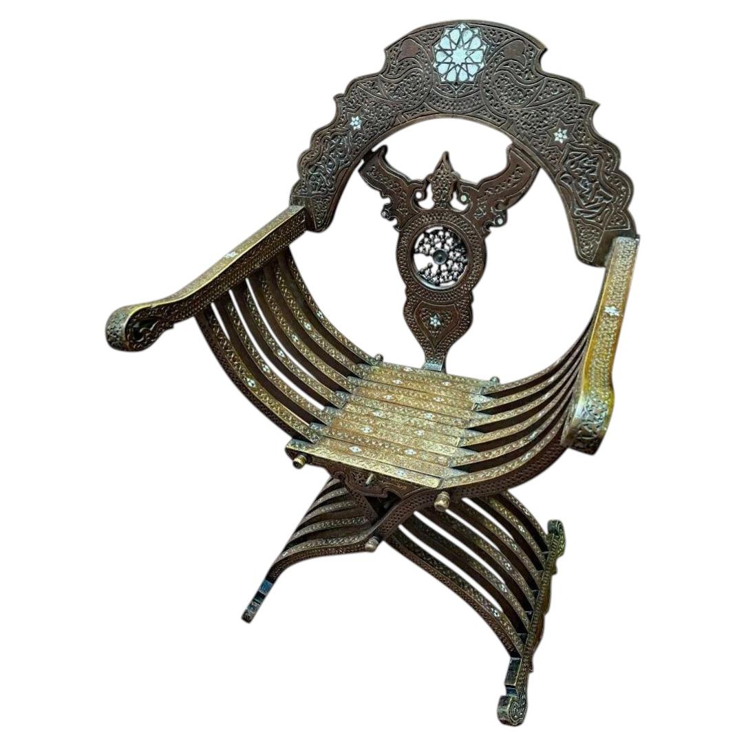 Oriental Work. Armchair In Carved Wood, Bone And Mother-of-pearl Inlay 1880 For Sale