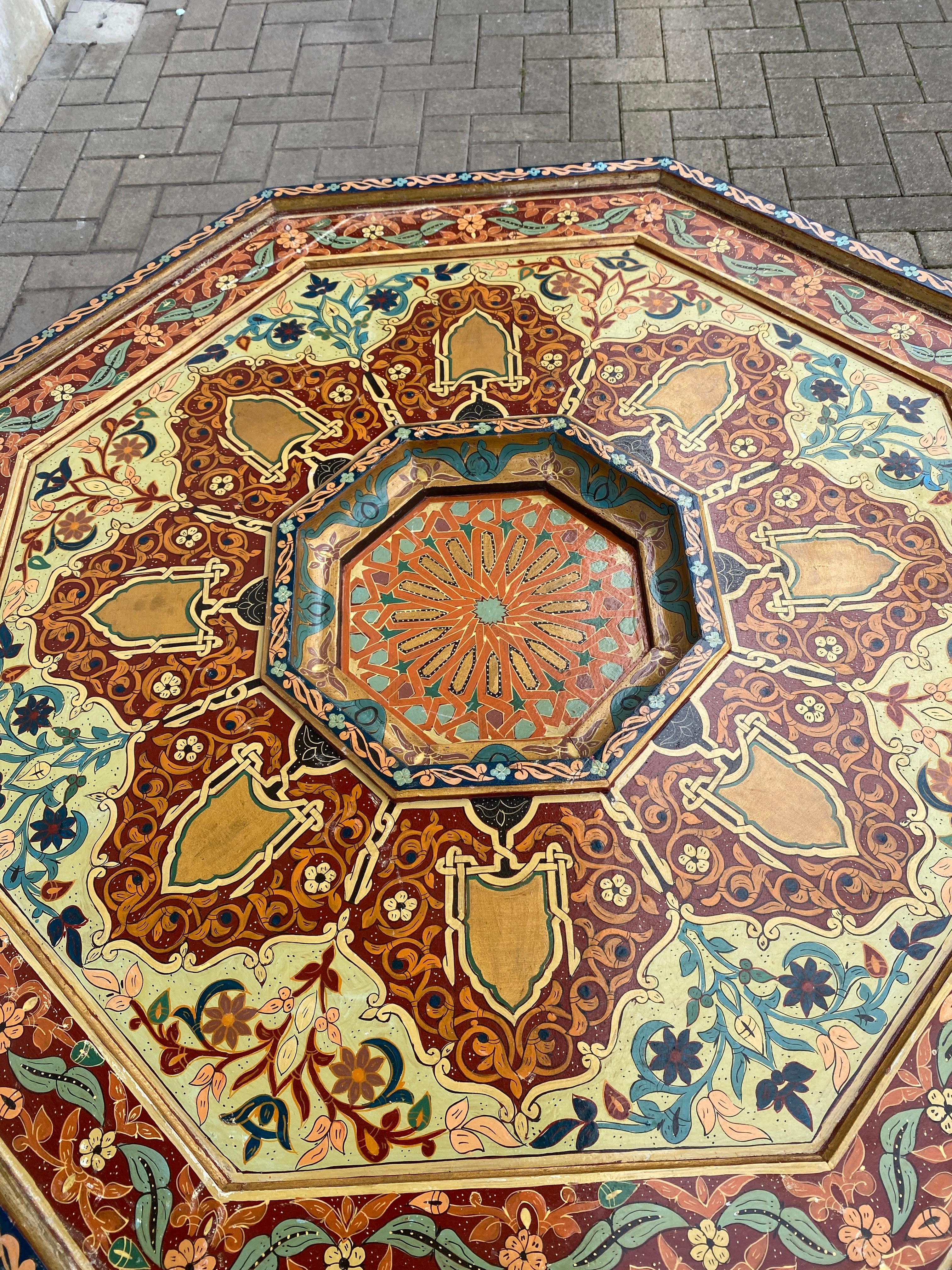 Hand-Painted Oriental work, large polychrome wood coffee table, circa 1950 Small flaws on the For Sale