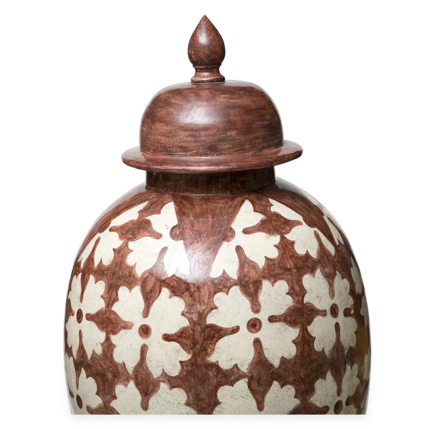 This is a decorative ceramic vase entirely handcrafted by the skilled artisans at Ceccarelli. The particular motif replicates Tuscan tiles dating the 18th century. Ceccarelli's artistic approach is best exemplified in this piece showing flawless