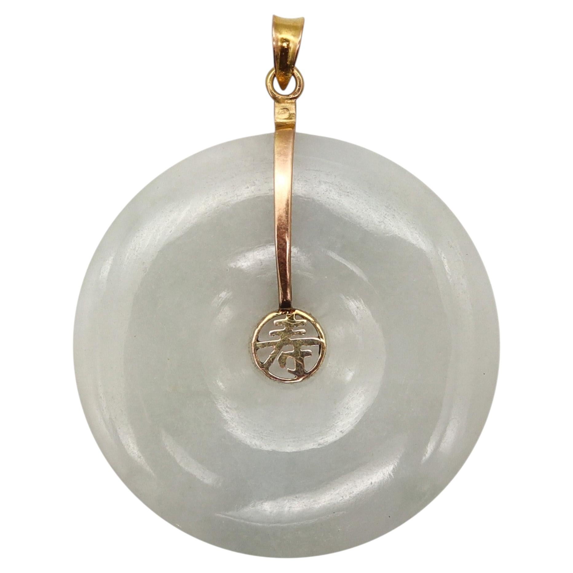 ORIENTALISM Carved White-Green Jade Pendant Mounted In 14Kt Yellow Gold