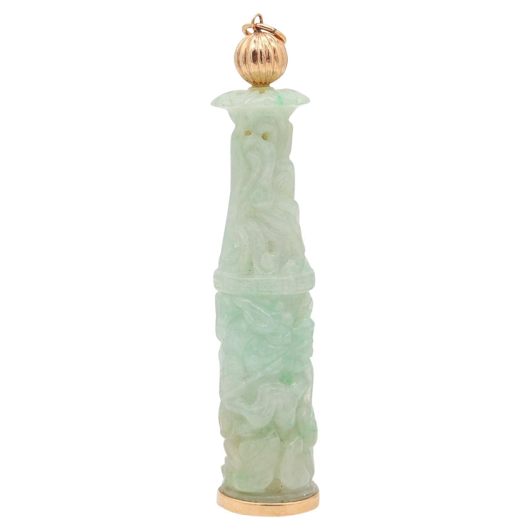 ORIENTALISM Large Pendant With Organic Motifs In 14Kt Yellow Gold Jade For Sale
