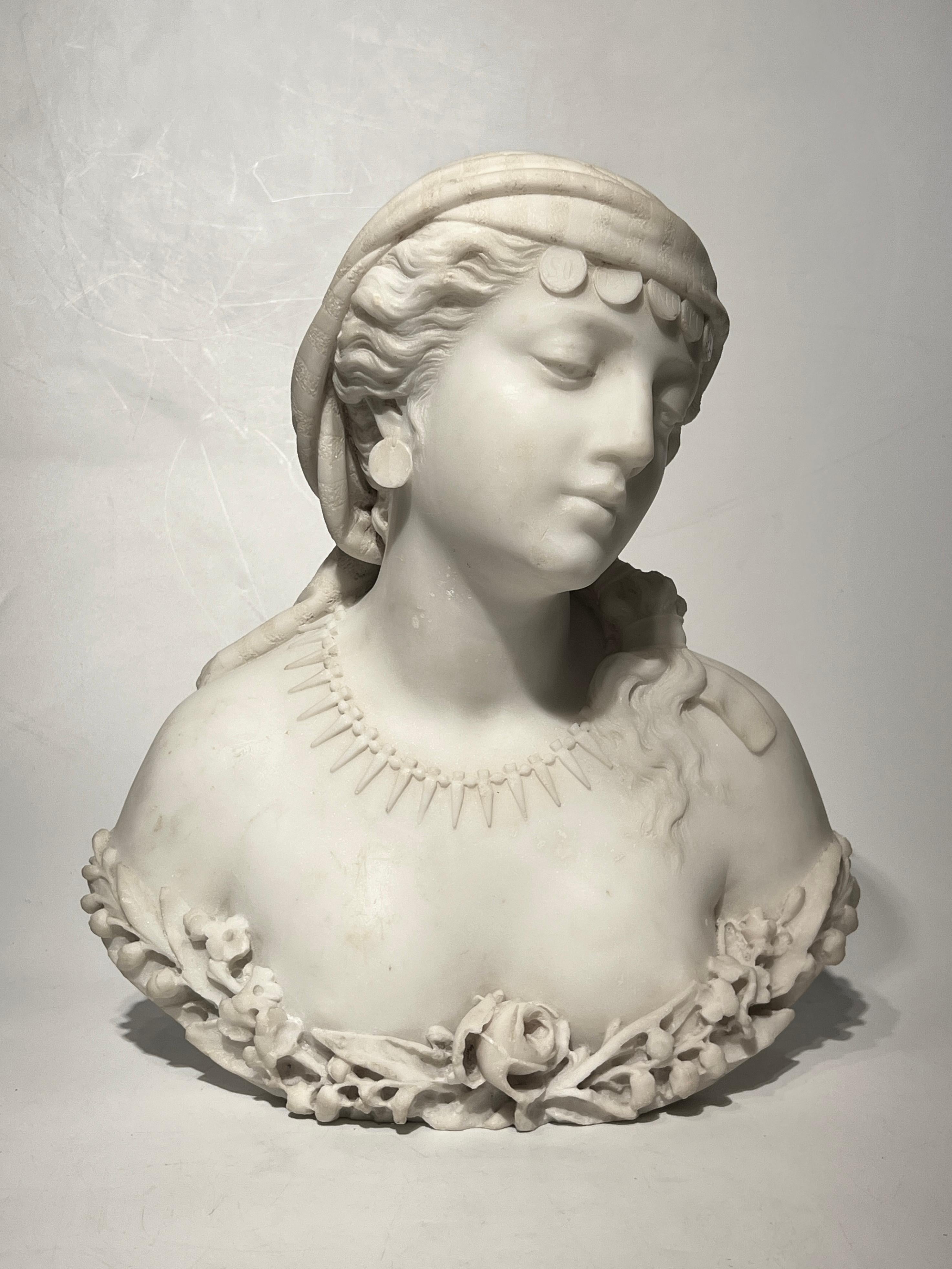 Finely carved antique (late 19th century) bust of Sulamitide, of a scale and quality equal to the works of the finest 19th century Italian masters such as Pasquale Romanelli (1812-1887) and Pietro Bazzanti (1825-1895).

A familiar and beloved