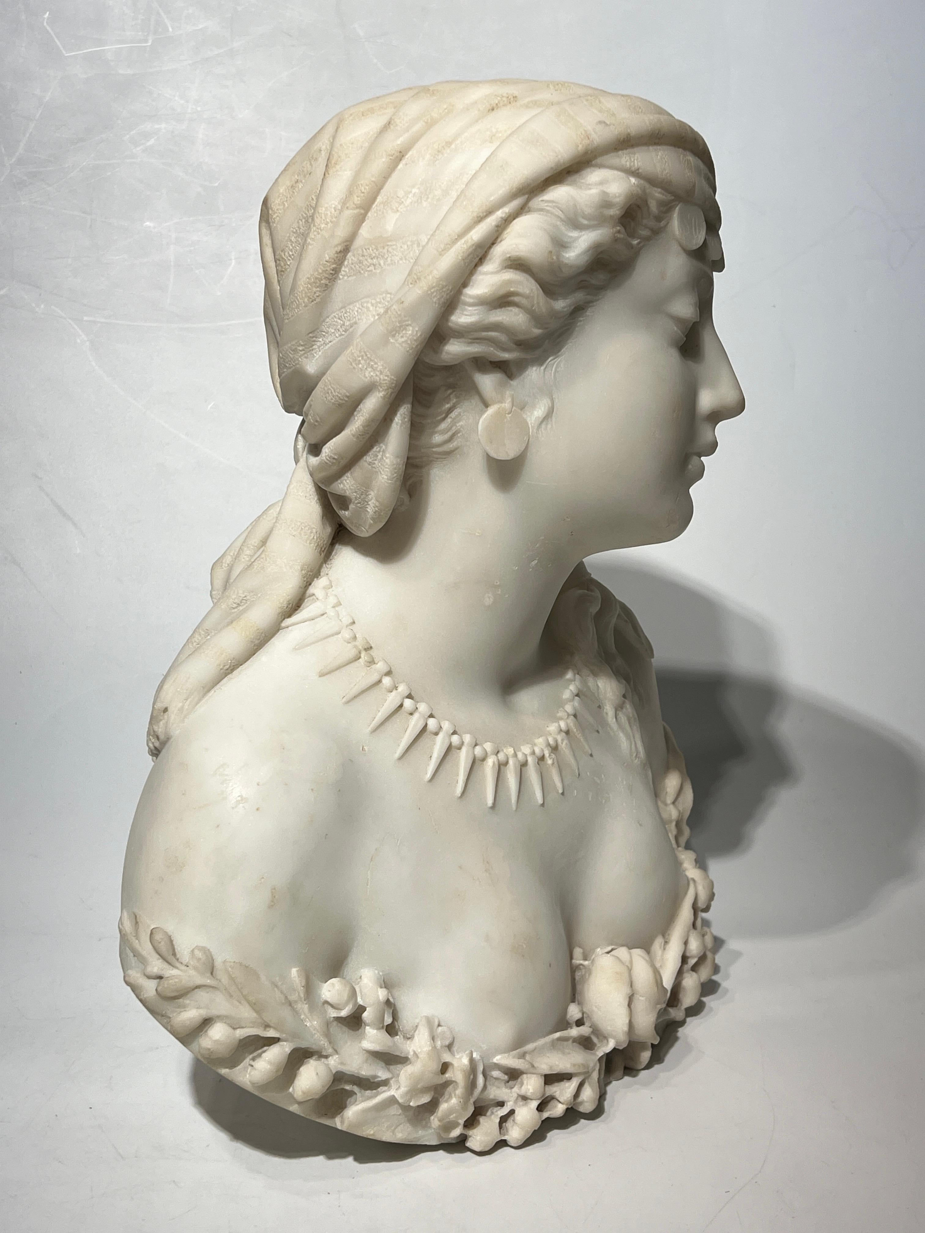 Other 19th Century Orientalist Italian White Marble Bust of Sulamitide For Sale