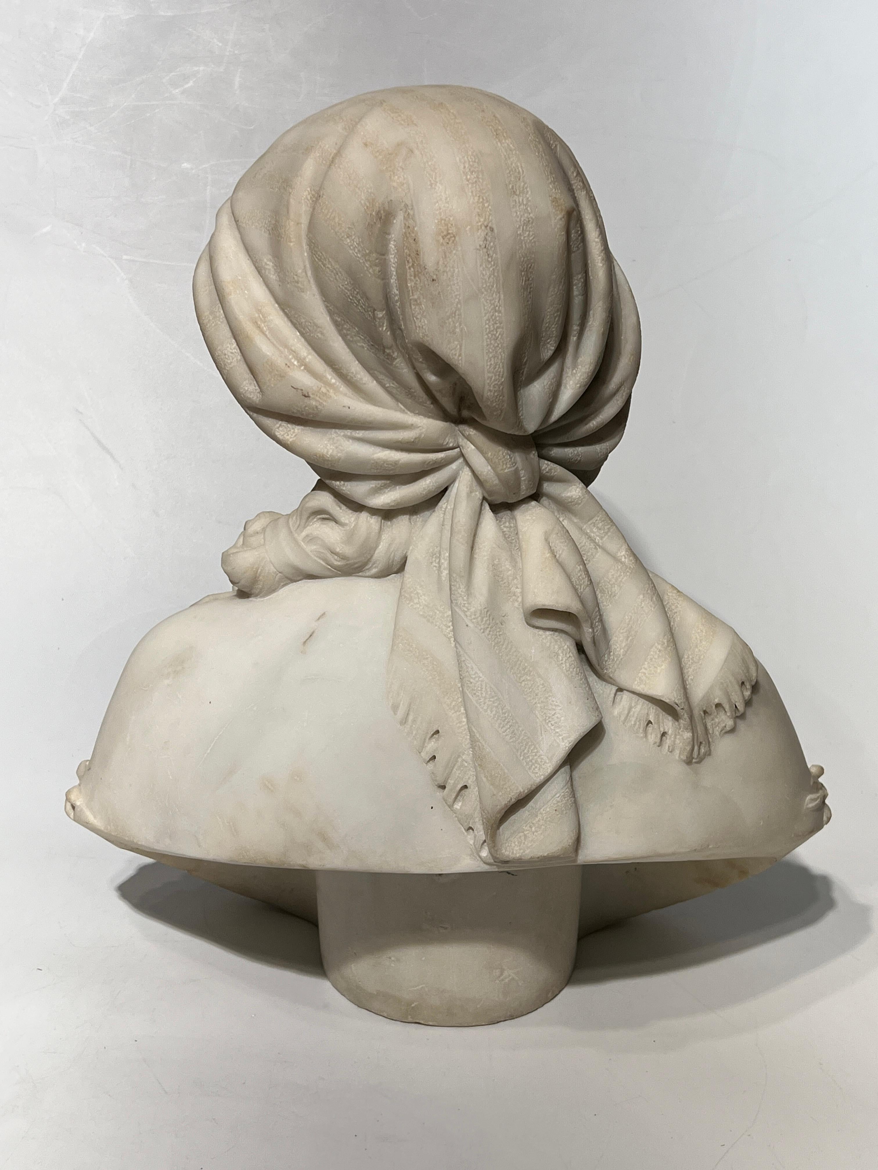 Hand-Carved 19th Century Orientalist Italian White Marble Bust of Sulamitide For Sale