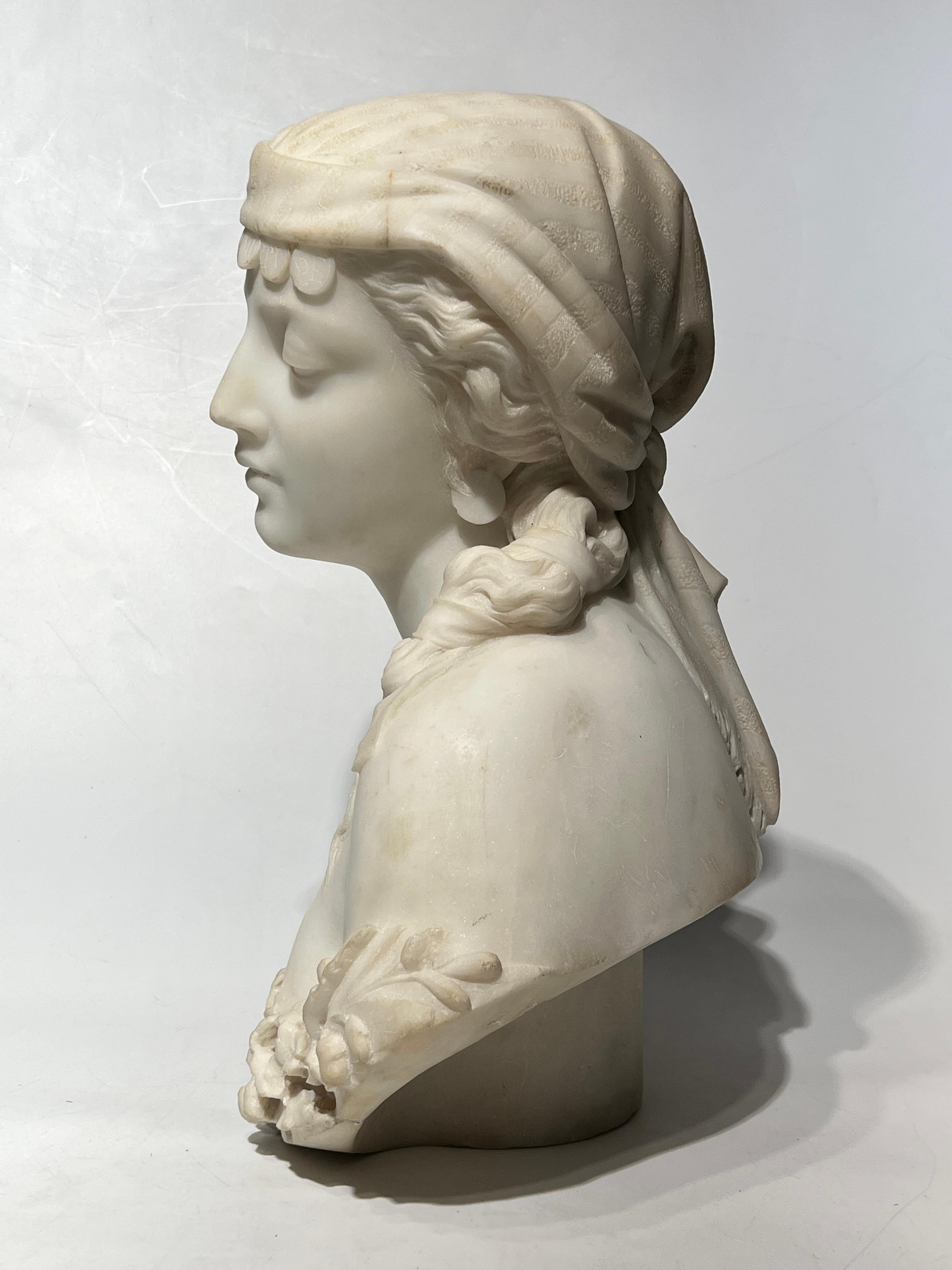 19th Century Orientalist Italian White Marble Bust of Sulamitide In Good Condition For Sale In New York, NY