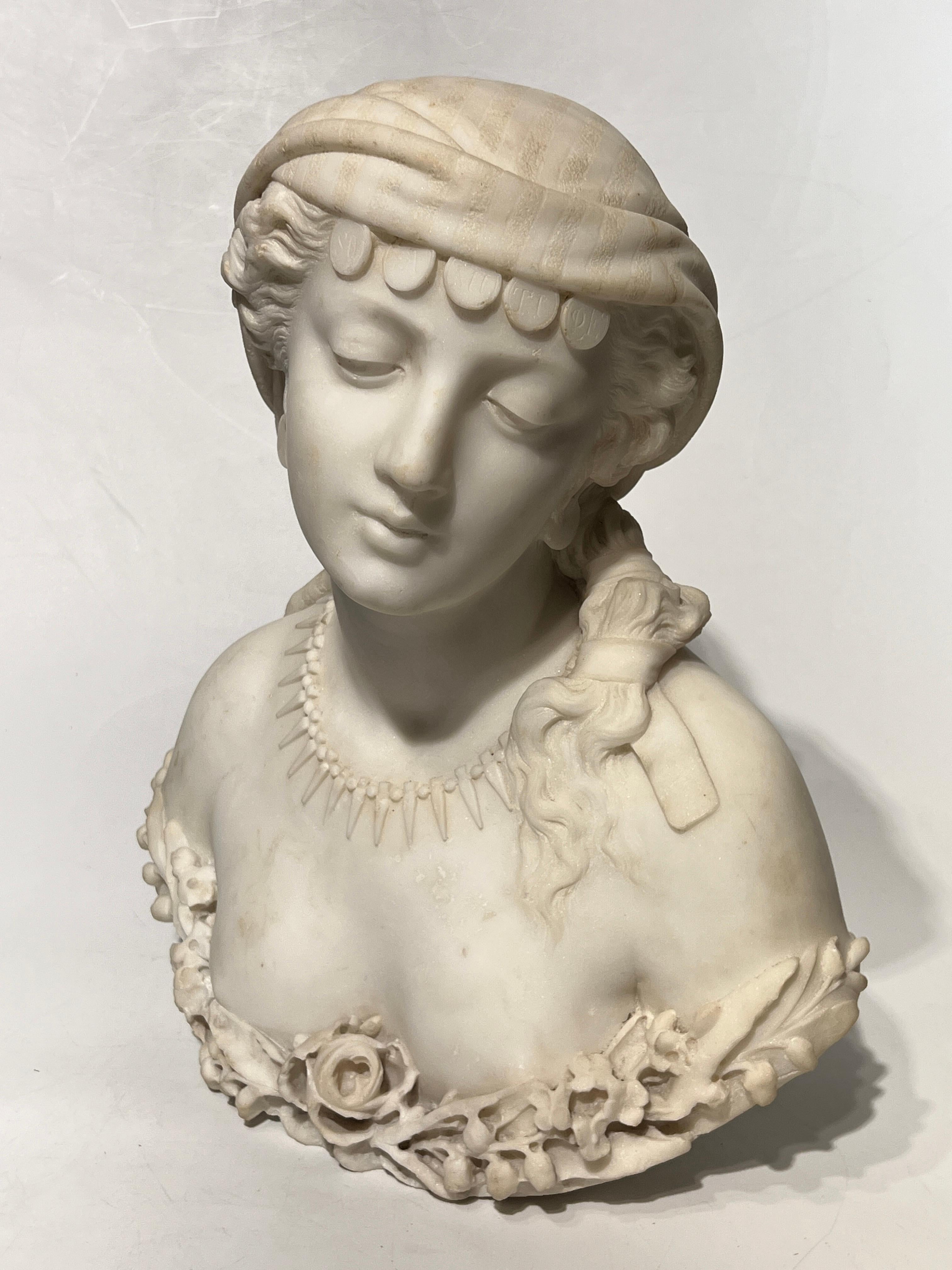 19th Century Orientalist Italian White Marble Bust of Sulamitide For Sale 1