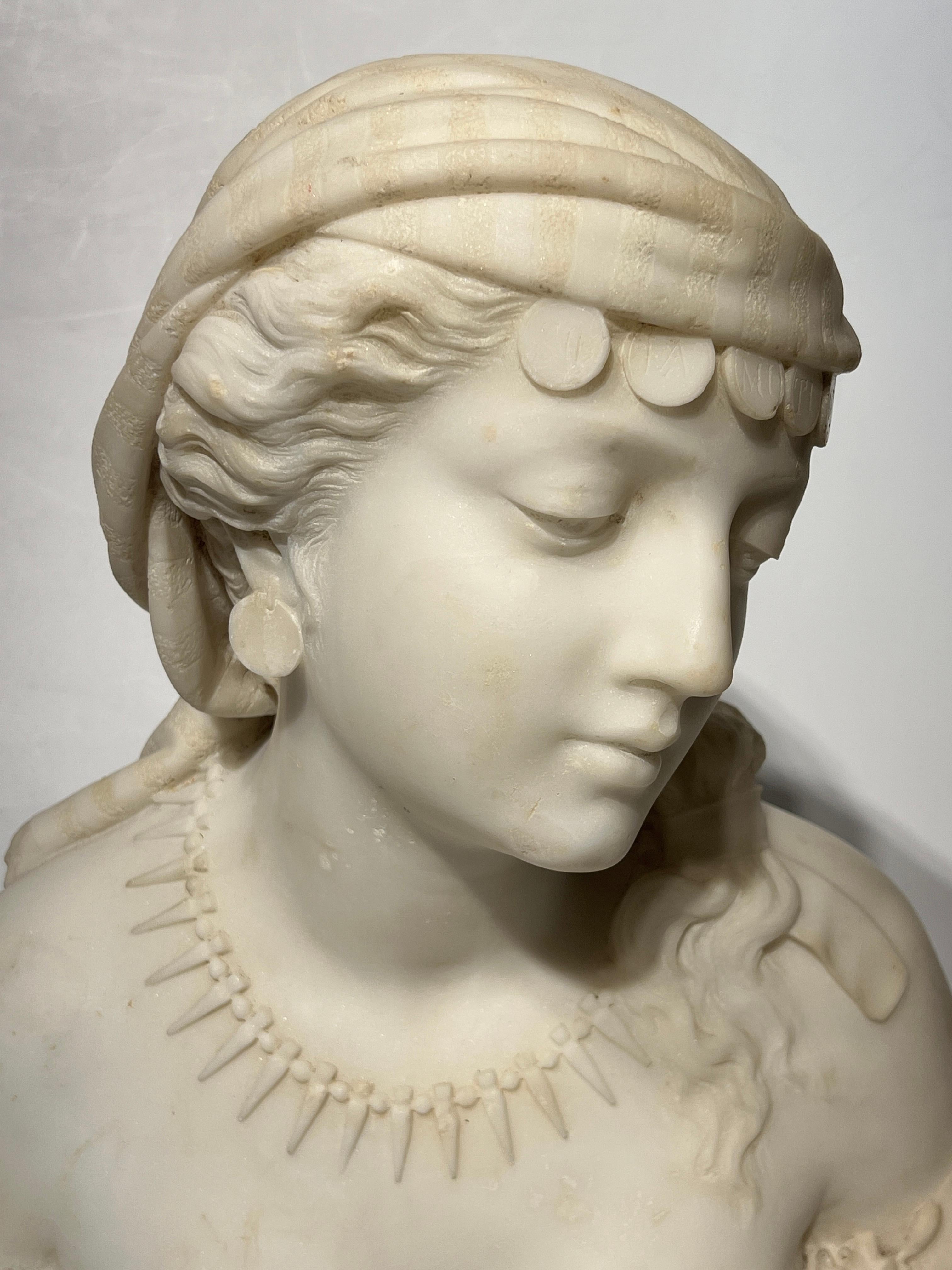 19th Century Orientalist Italian White Marble Bust of Sulamitide For Sale 3