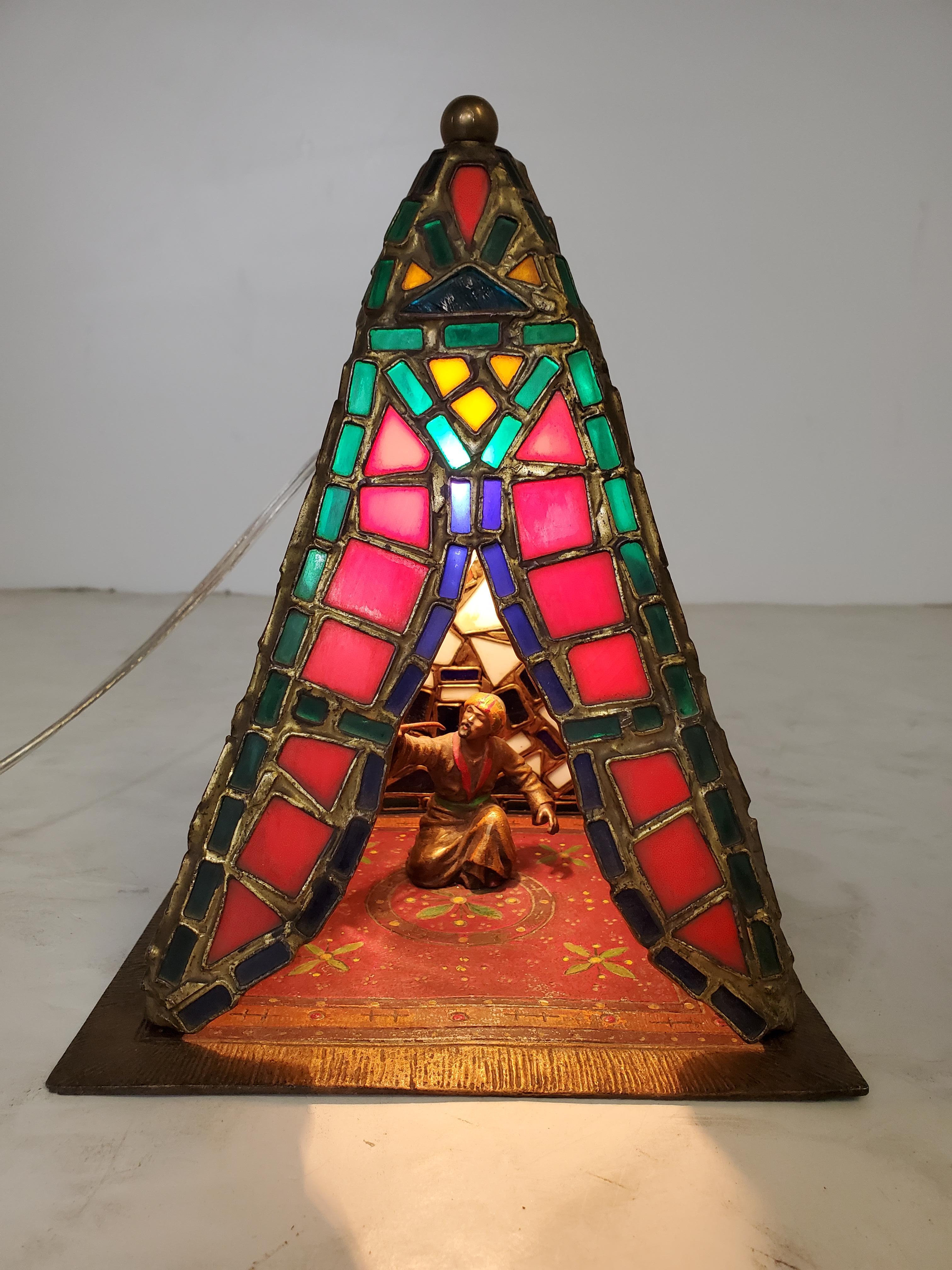 Orientalist Austrian Cold Painted and Stained Glass Tent /Table Lamp For Sale 5