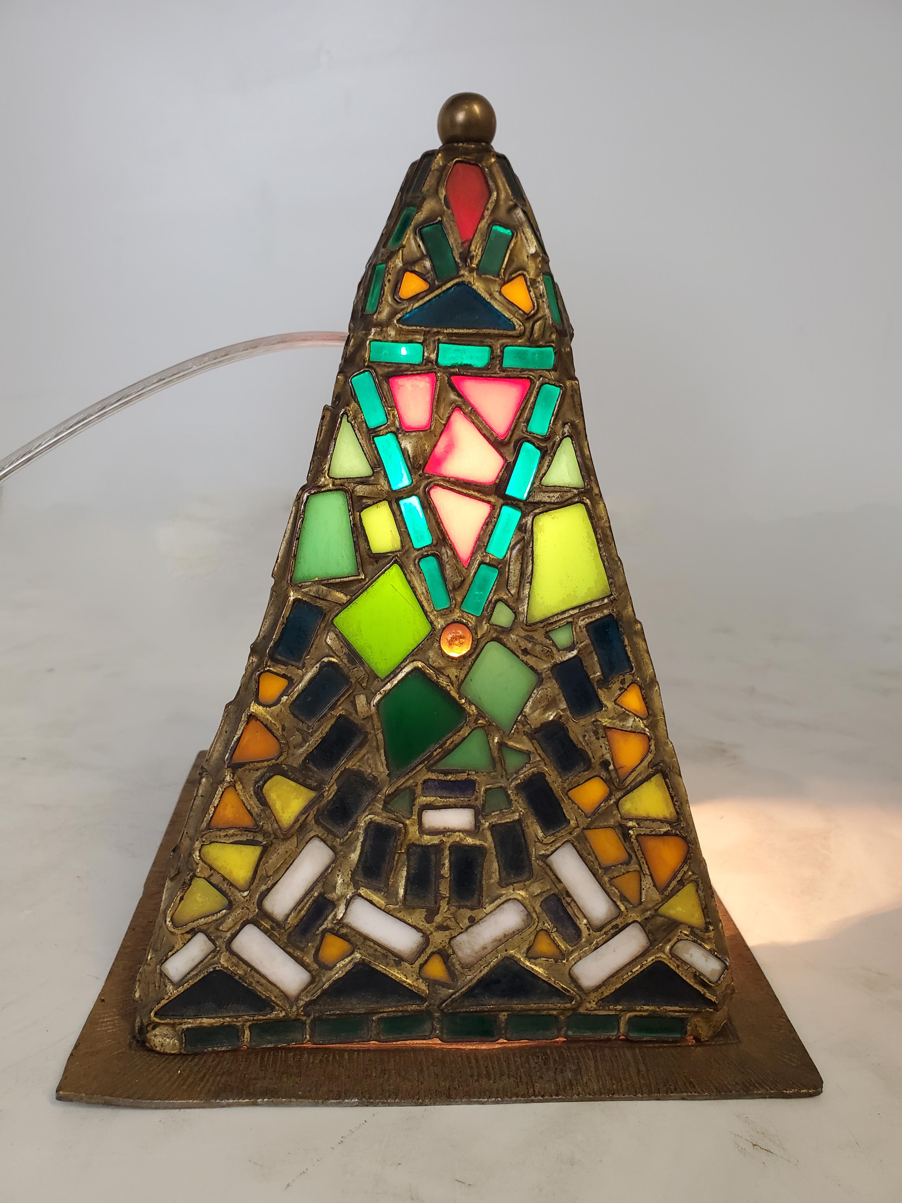 Arts and Crafts Orientalist Austrian Cold Painted and Stained Glass Tent /Table Lamp For Sale