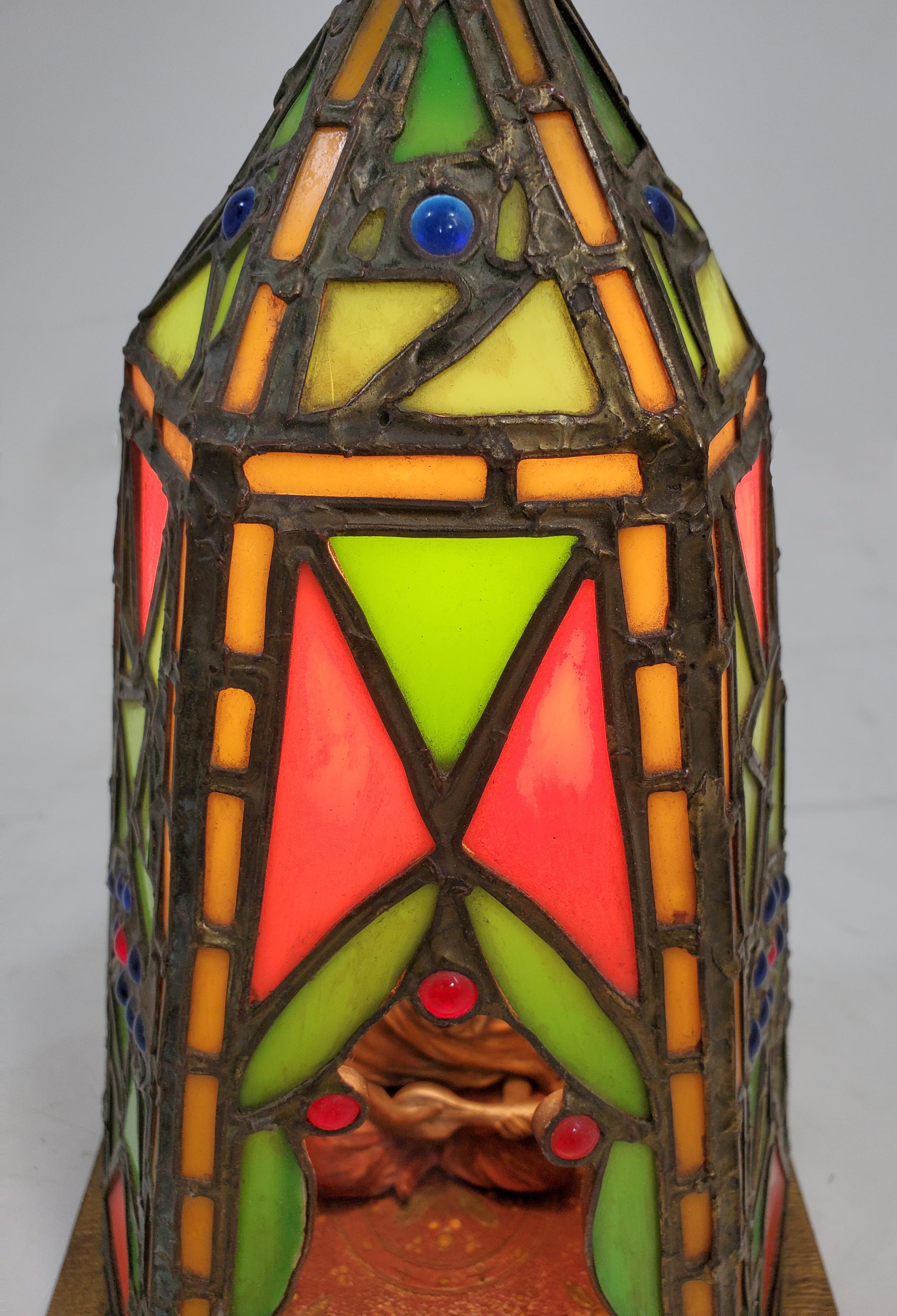 Orientalist Austrian Cold Painted and Stained Glass Tented Table Lamp For Sale 5