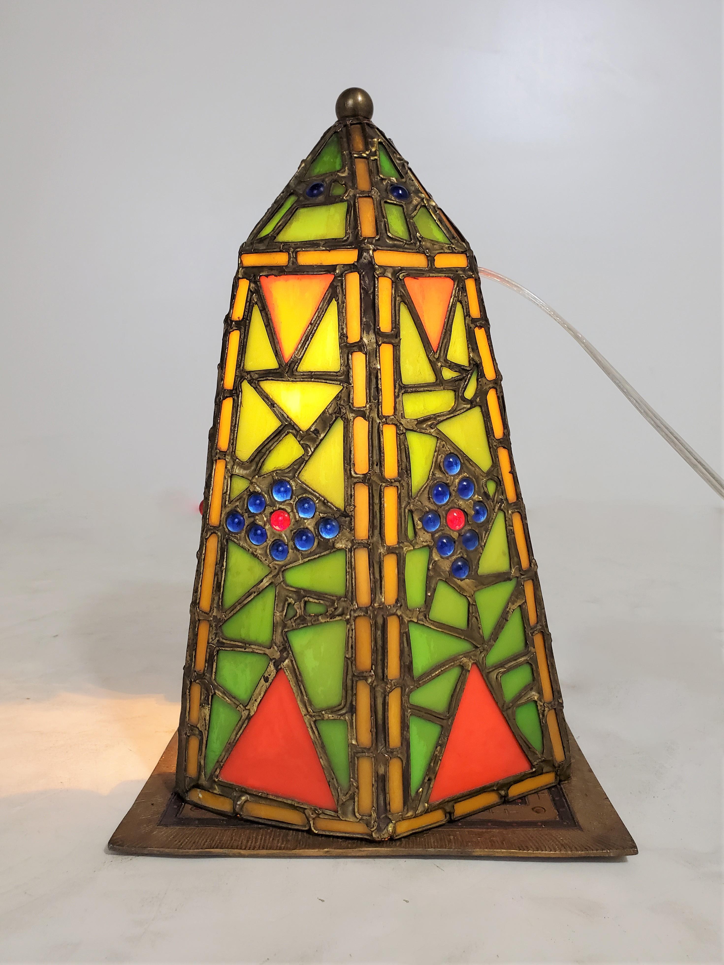 Aesthetic Movement Orientalist Austrian Cold Painted and Stained Glass Tented Table Lamp For Sale