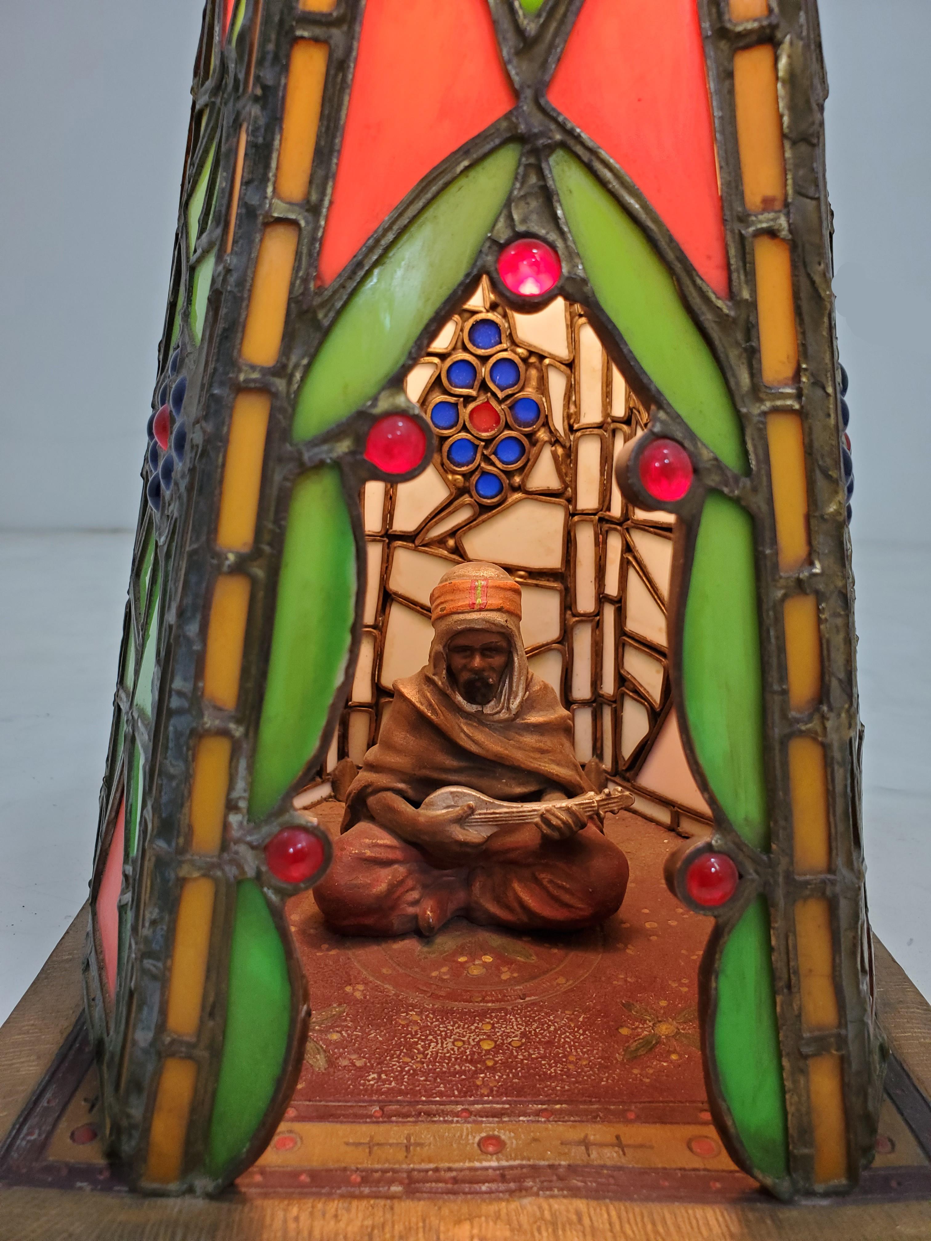 Orientalist Austrian Cold Painted and Stained Glass Tented Table Lamp In Good Condition For Sale In New York City, NY