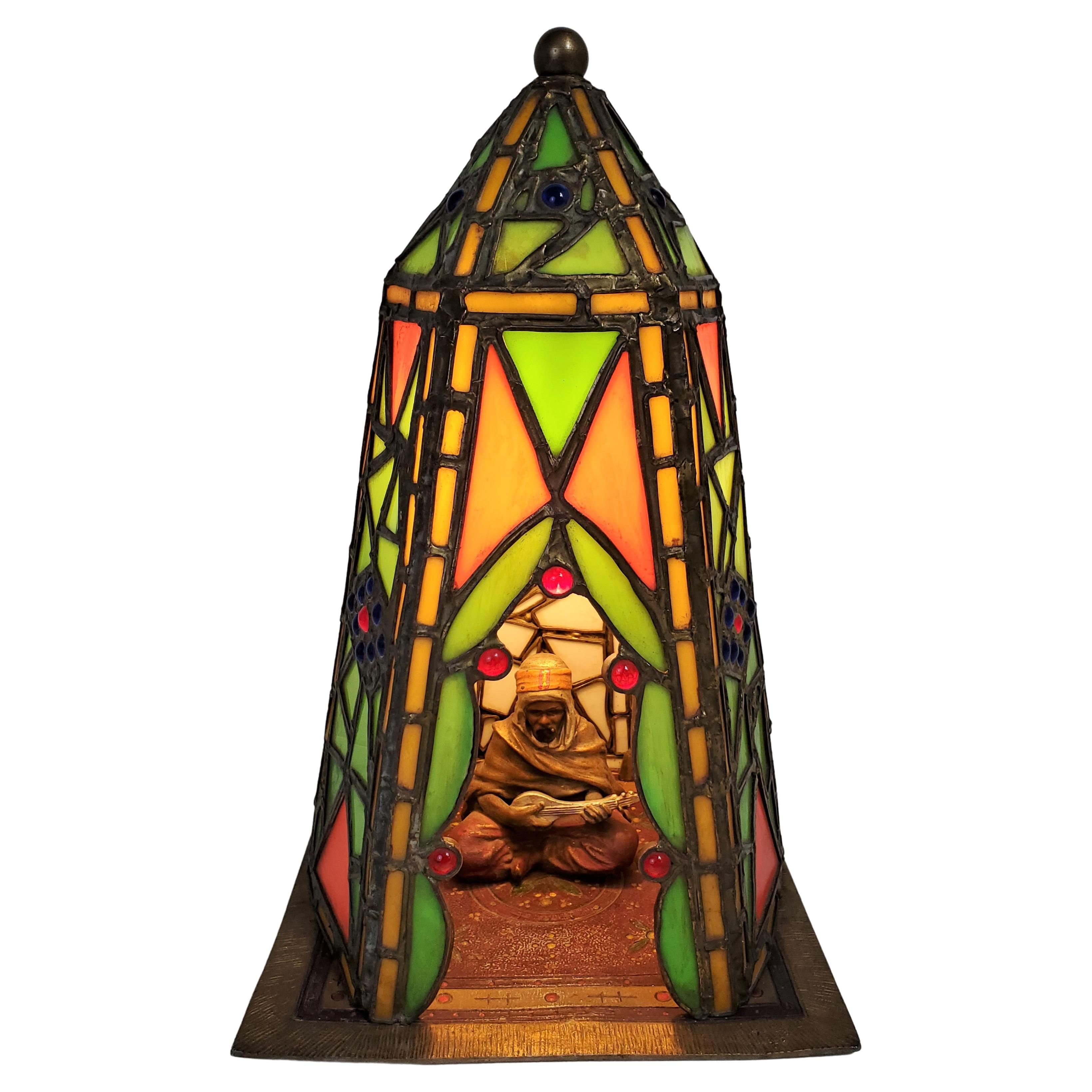 Orientalist Austrian Cold Painted and Stained Glass Tented Table Lamp For Sale