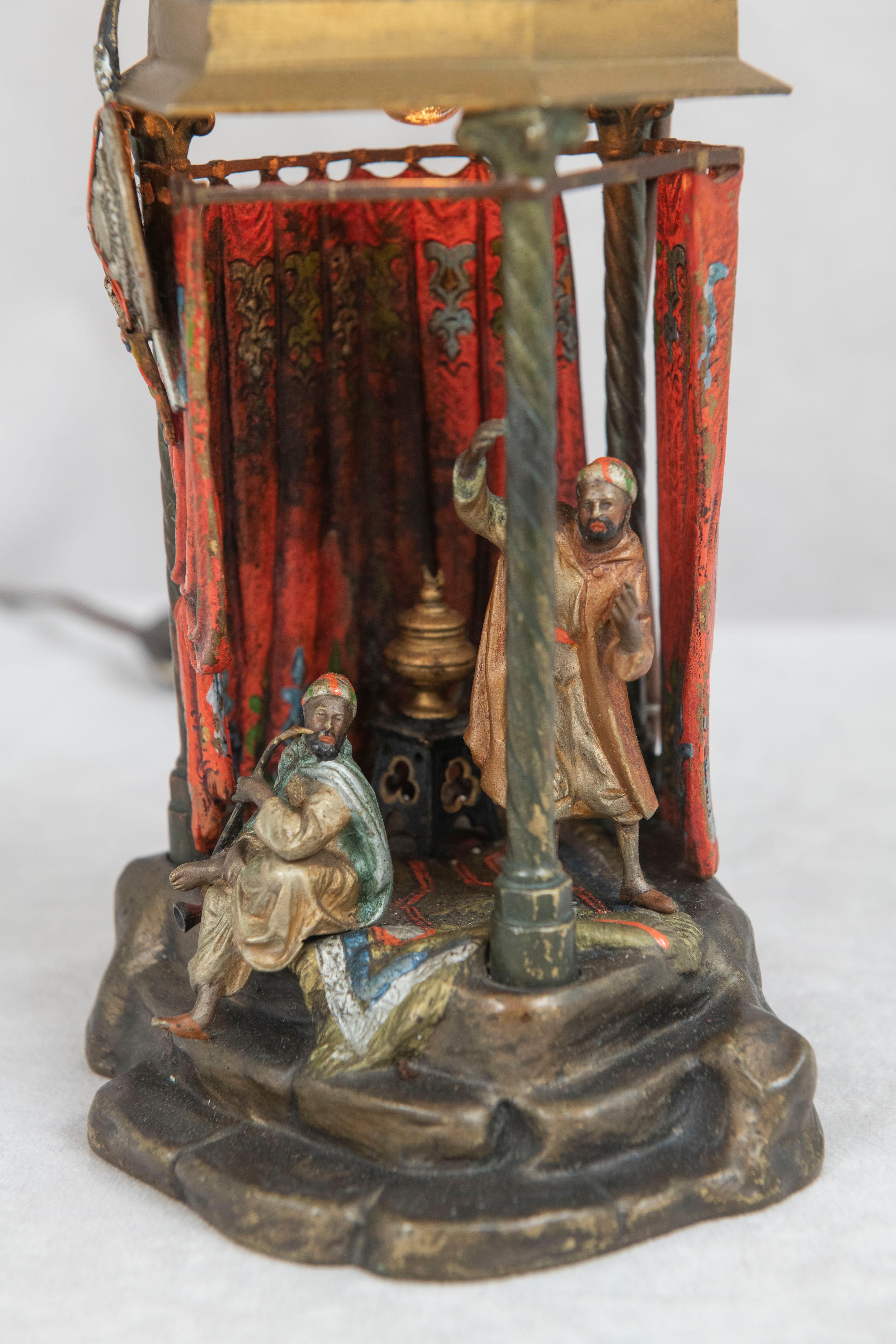 Moorish Orientalist Austrian Cold Painted Bronze Lamp w/ 2 Figures Inside a Small Room For Sale